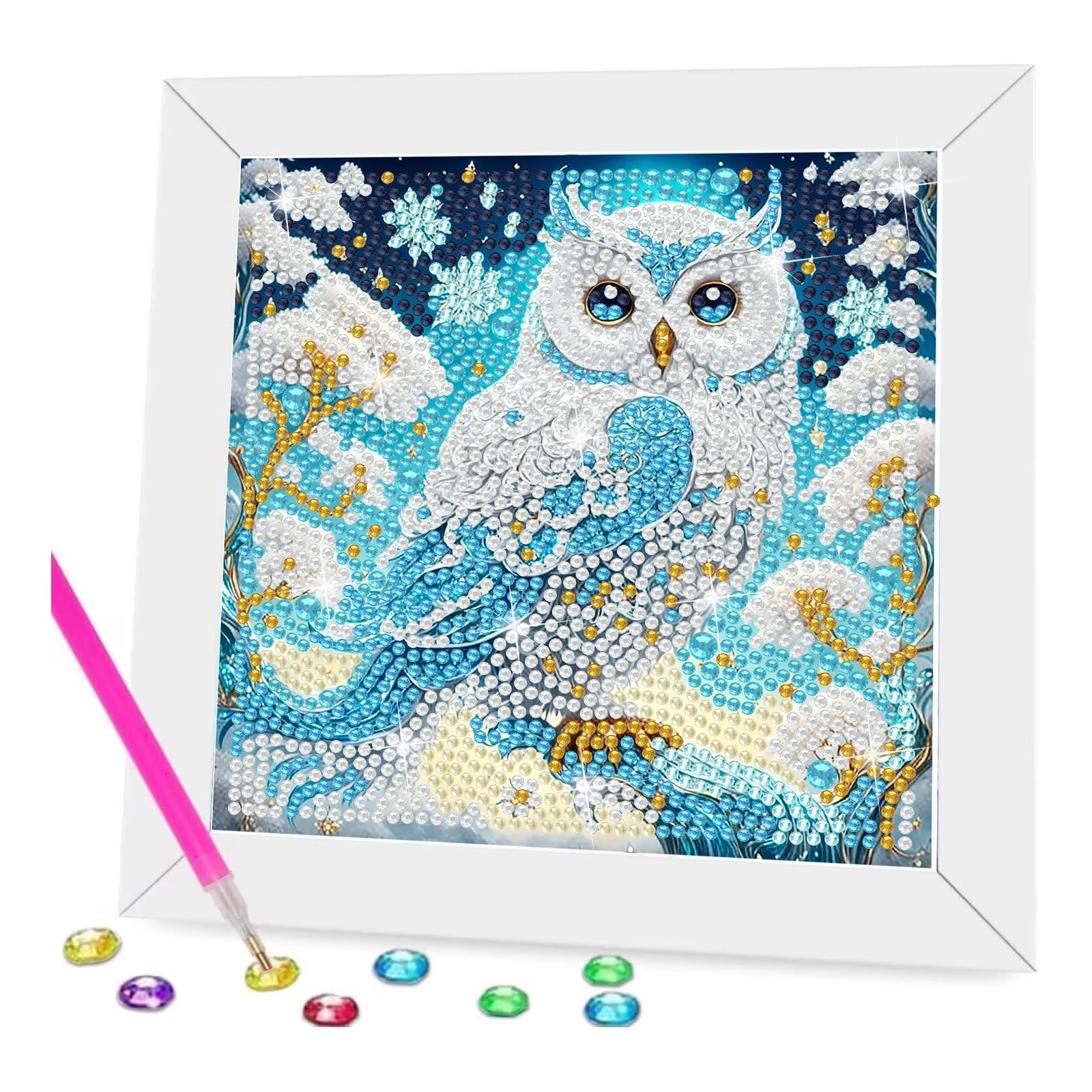 HEIBAGO Owl Diamond Art Painting with Frame, Animals Diamond Art Kits for Kids Full Drill Diamond Painting Kits DIY Cartoon Gem Art Kits with Frame DIY Educational Craft for Kids(7×7inch)