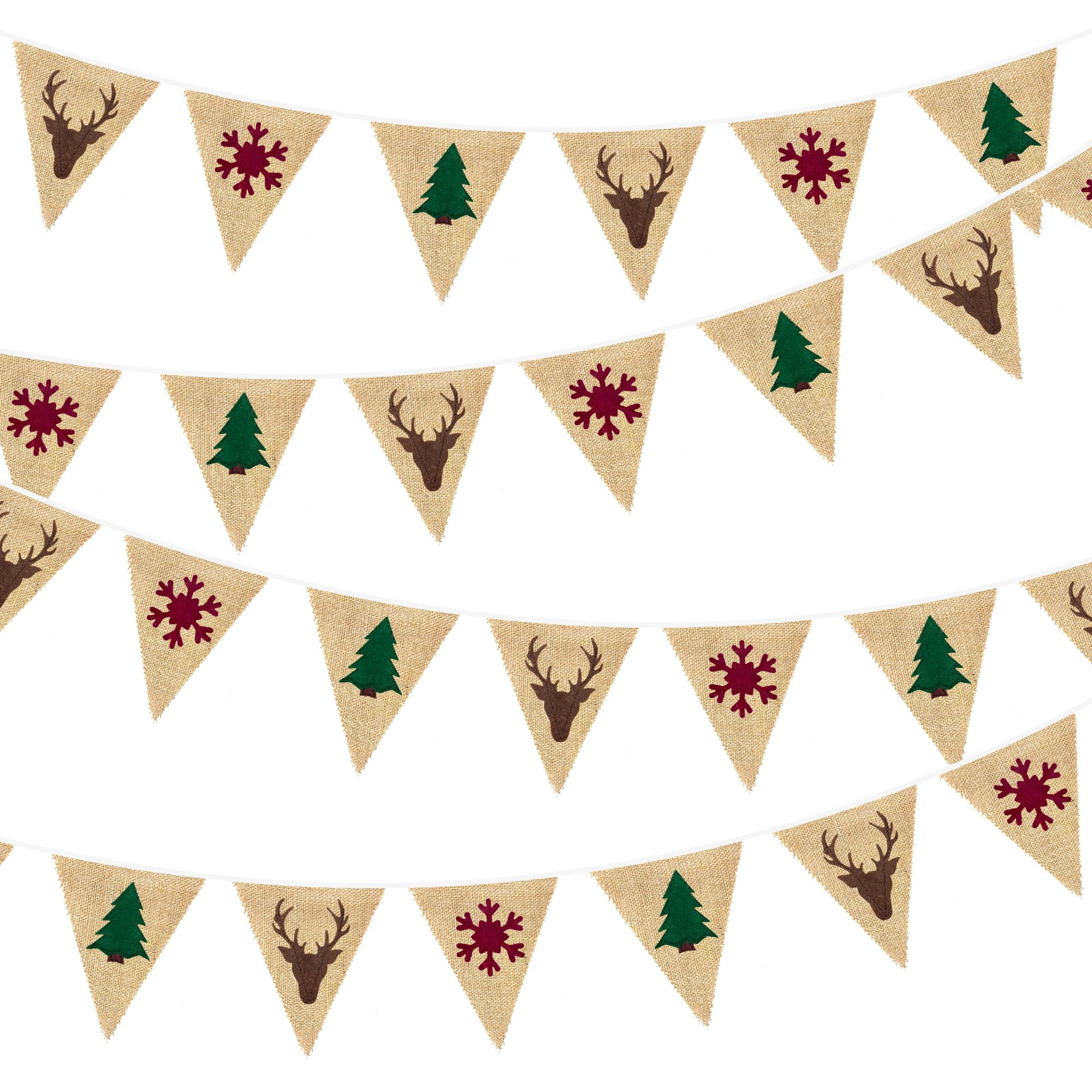 Cartel de arpillera de Navidad de 24 pies, árbol de Navidad, copos de nieve, banderín de arpillera, banderín triangular, guirnalda de serpentinas, decoración vintage para colgar en la pared para
