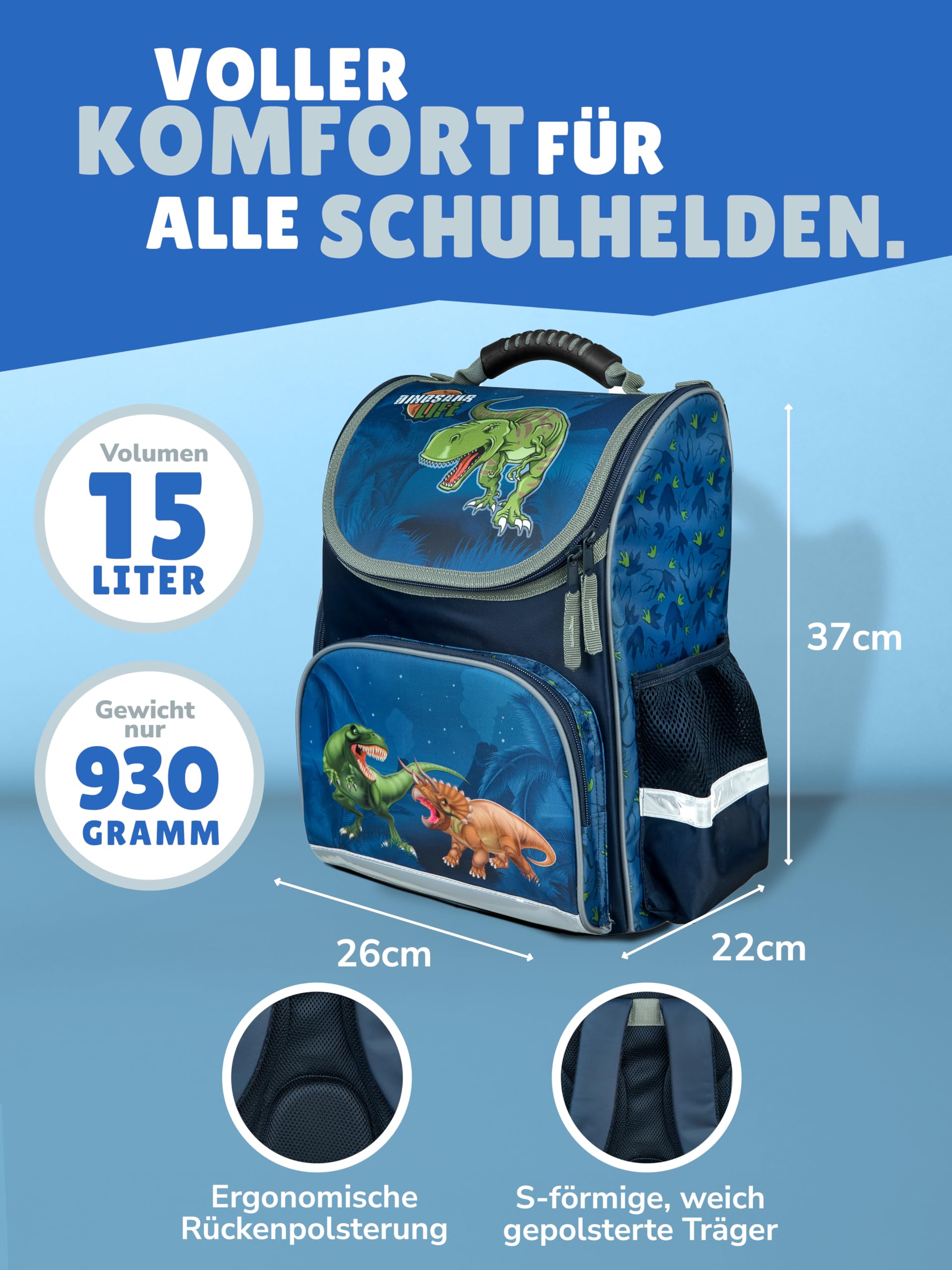 Familando - Schulranzen Set CLOU - 10-teilig mit Schultüte - Dinosaurier - Ergonomisch, Stabil & mit gepolstertem Rücken - 930g leicht - 15L Volumen - Mit Reflektoren - Für Grundschule ab 1. Klasse