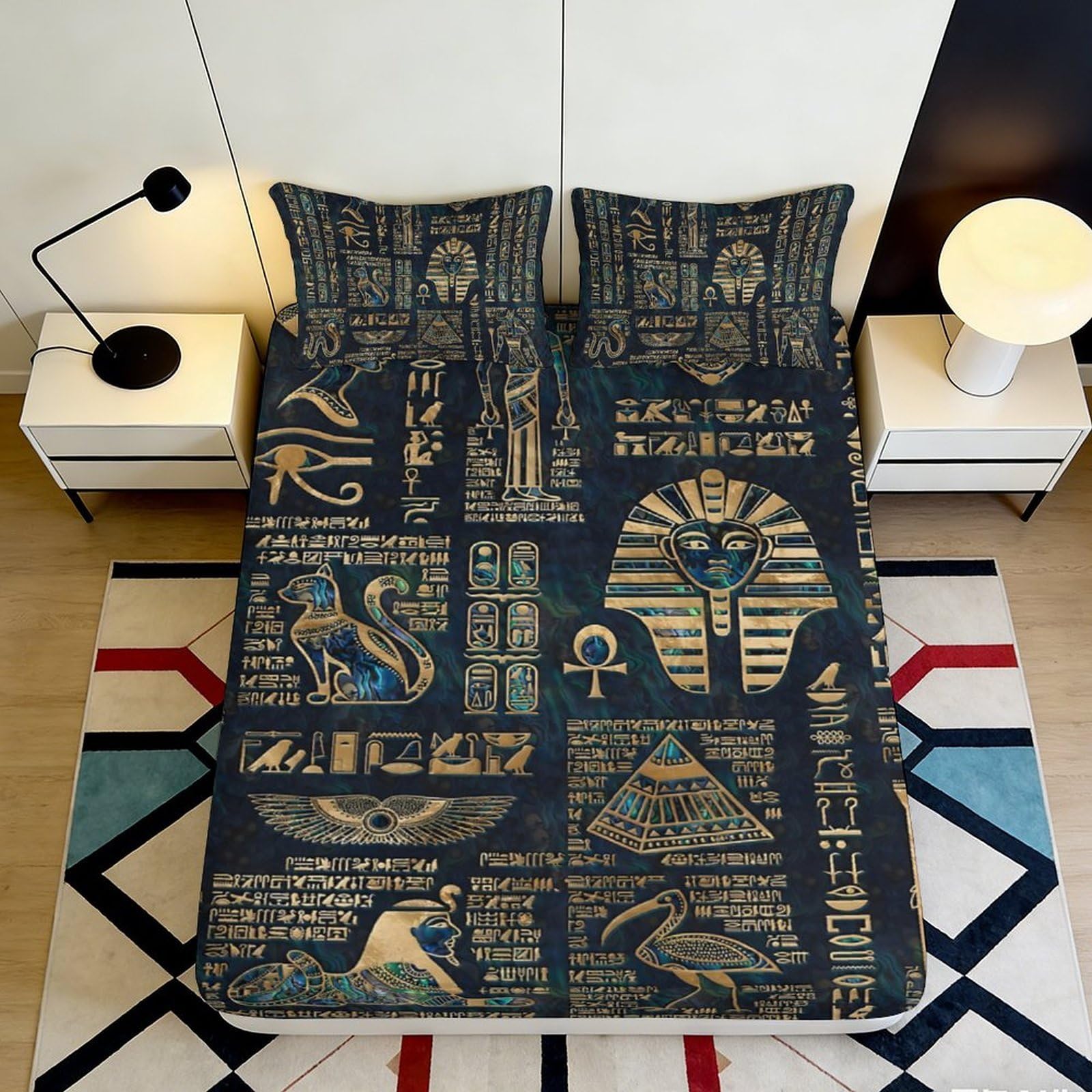 Pnayamiorkfel Style-7 3D Printed Egyptian Hieroglyphs Fitted Sheet Microfiber Soft Breathable Pharaoh Bed Cover For Bedroom Decor 90X200x25cm