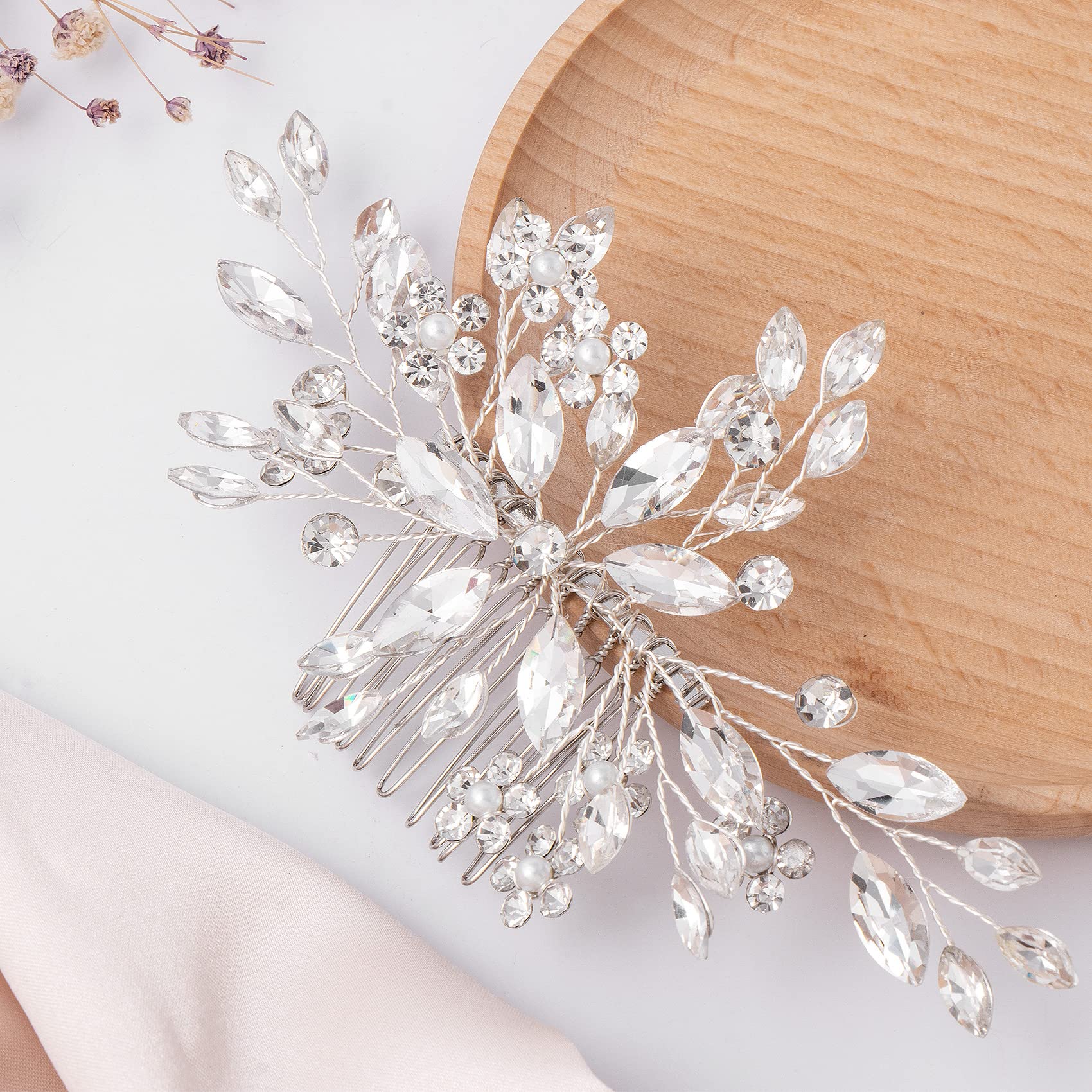 HINZIC Pettine per capelli da sposa in cristallo, con perle di fiori, accessori per capelli, per donne, ragazze, feste, cosplay, Natale, San Valentino, confezione da 1