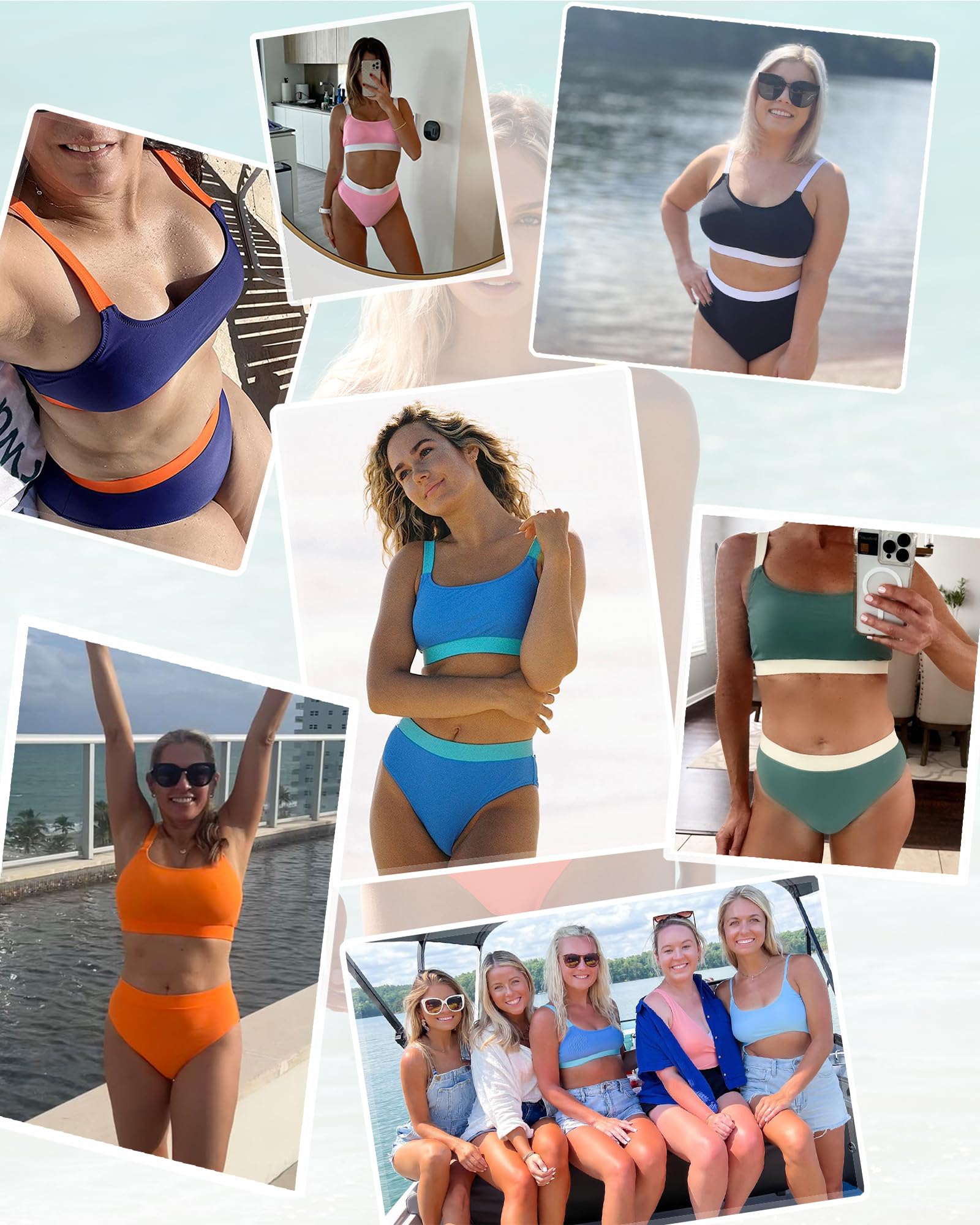 ZINPRETTY Bikini a Vita Alta da Donna, Costume da Bagno Sportivo, Blocco di Colore, Costume da Bagno con Scollo Rotondo