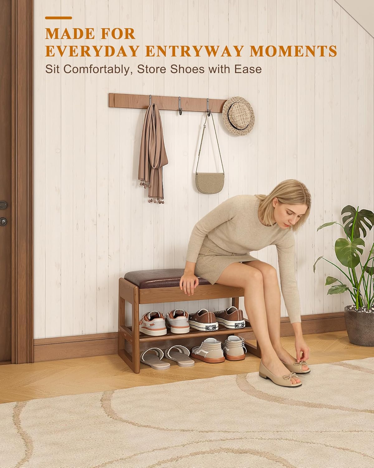 Shoe Rack Bench Seat Rubberwood 2-Tier Wooden Storage Bench 550lbs Compact Mid-Century Modern Design for Entryway, Hallway, Closet, Front Door Entrance, Foyer