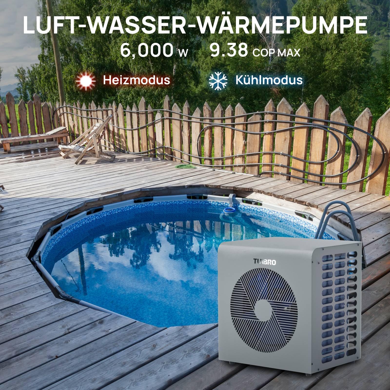 TURBRO 6.000W Full-Inverter Wärmepumpe für Schwimmbecken, Elektrischer Poolheizer für Übererdpools und Spas bis 20 m³, Titan-Wärmetauscher, Bis zu 9,38 COP, IPX4 Wassergeschützt, 220-240V, Beluga B21V