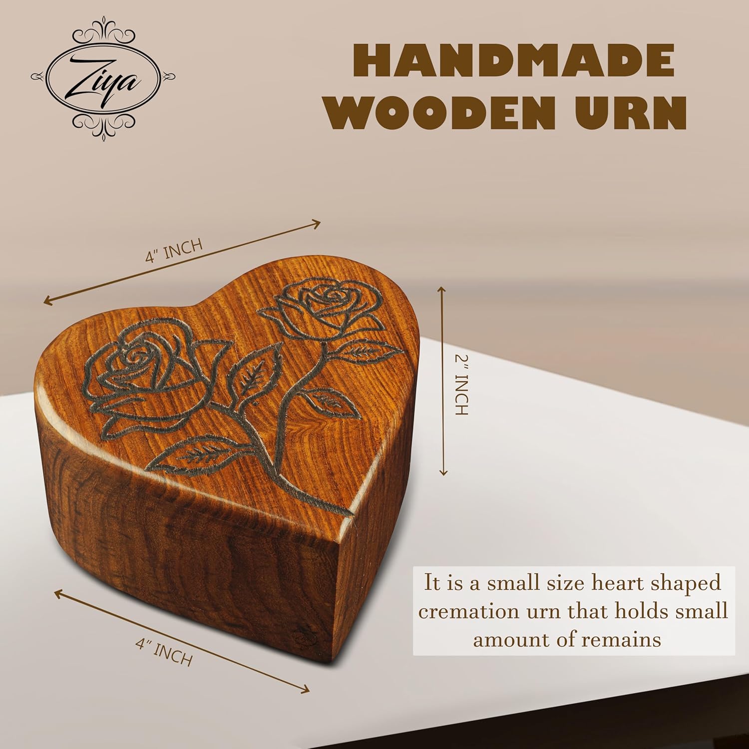 ZIYA Wooden Heart Keepsake Rose Urn for Human Ashes Adult Female Male, Small Memorial Decorative Cremation Urn Box for Women, Men, Mini Sharing Container for Funeral Remains, 4 inch