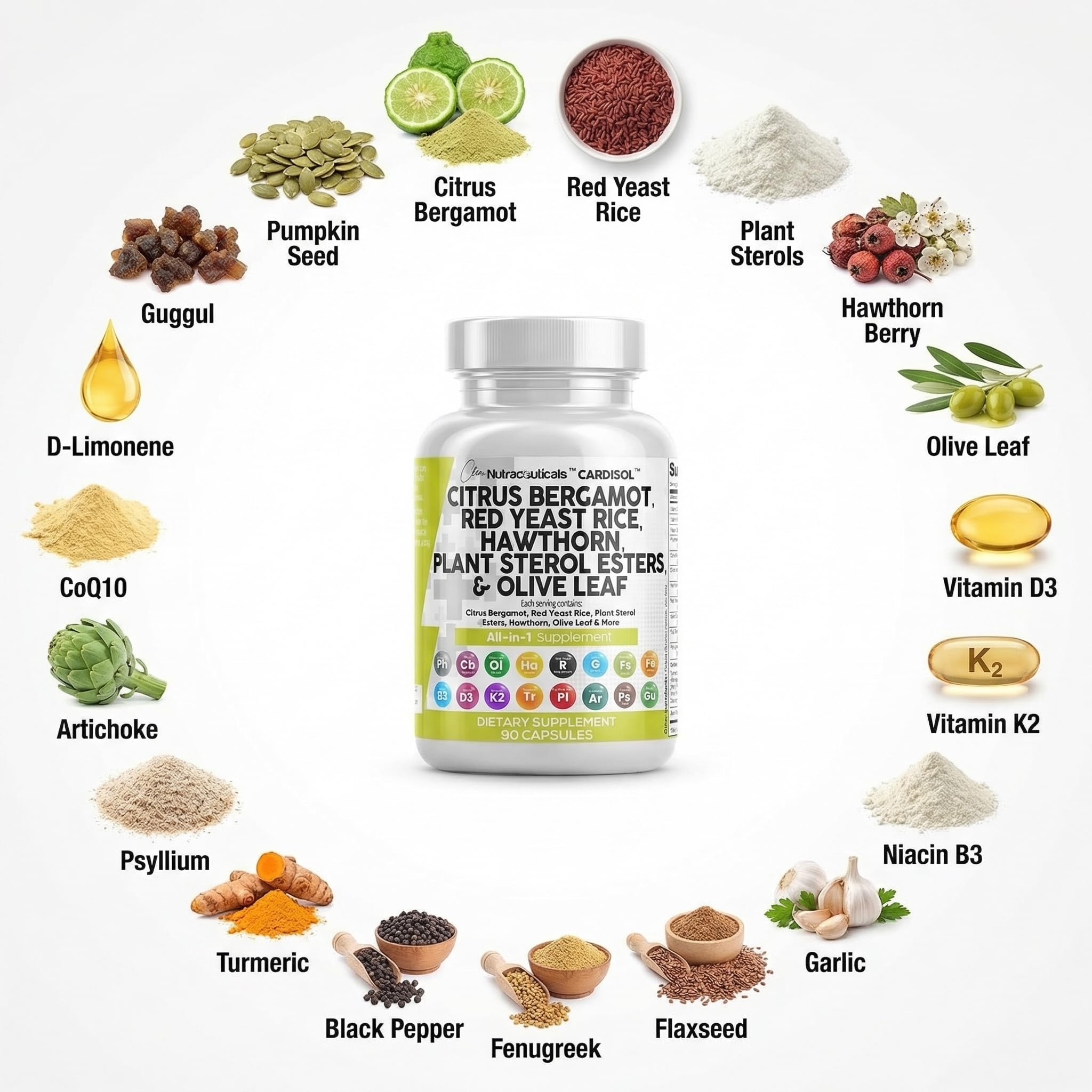 Clean Nutraceuticals Citrus Bergamot Red Yeast Rice Capsules with Plant Sterols - with Hawthorn Extract Olive Leaf Niacin Vitamin K3 D3 COQ10 Guggul & More — Amazon image 4