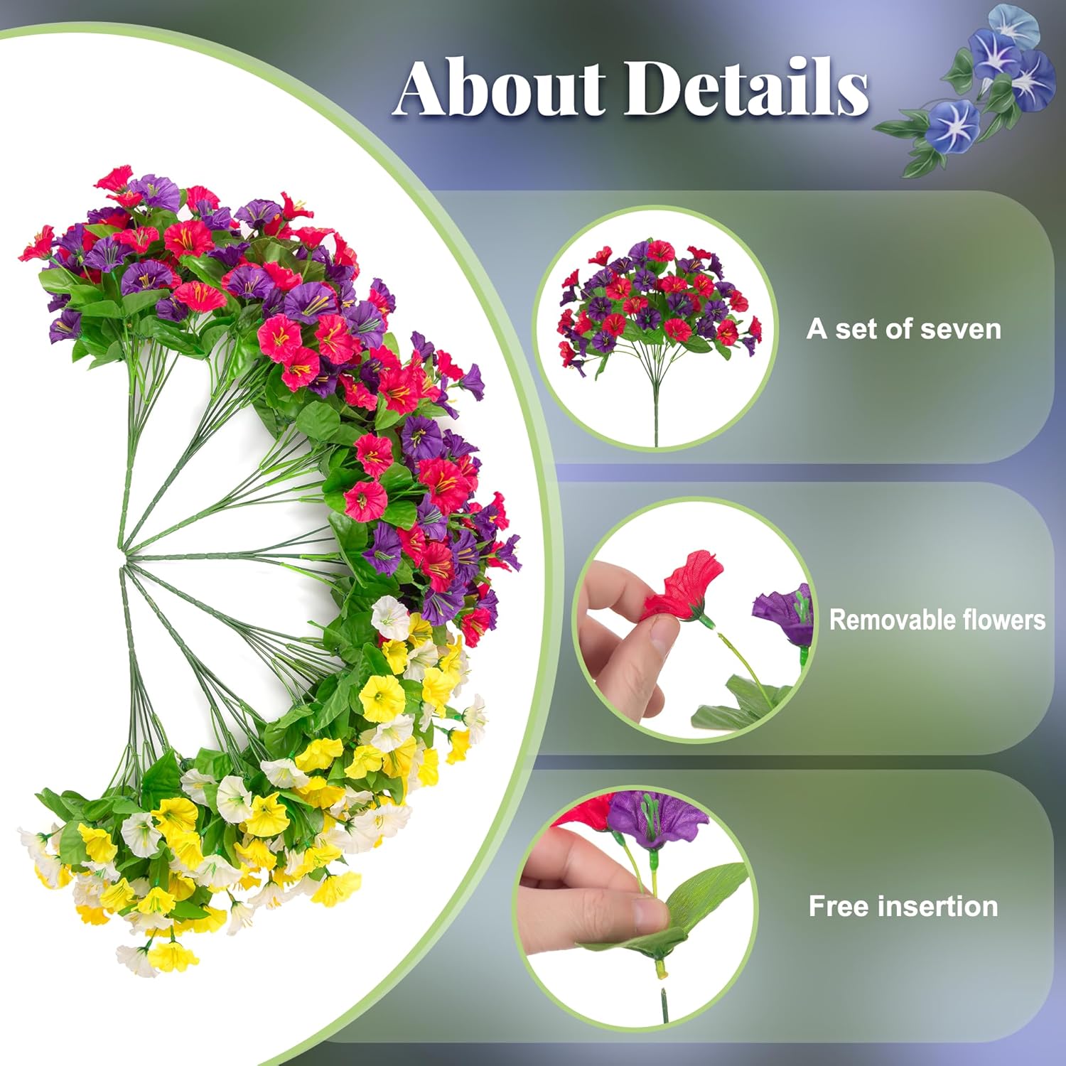 Artificial Fake Hanging Flowers with Basket, Faux Silk Morning Glory Flower Arrangement for Spring Summer Decor, Hanging Plant for Patio Garden Porch Outdoor Decor - Image 3