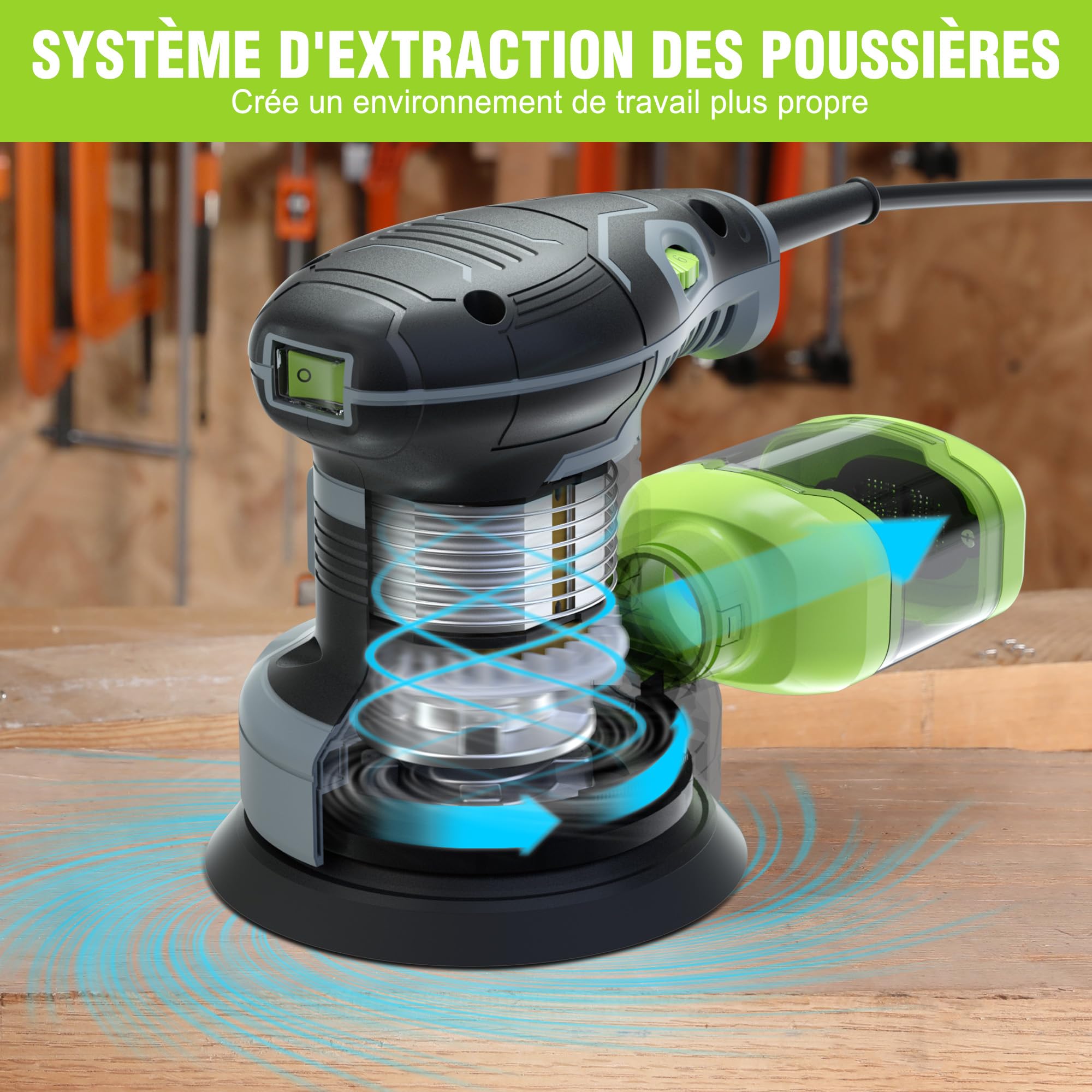 WORKPRO Ponceuse Excentrique 125mm, Ponceuse Rotative à Vitesse Réglable(Vitesse à vide: 7000-13000 tr/min), Ponceuse Orbitale Filaire 300W avec Récipient à Poussière et Disque de Ponçage 20 Pièces