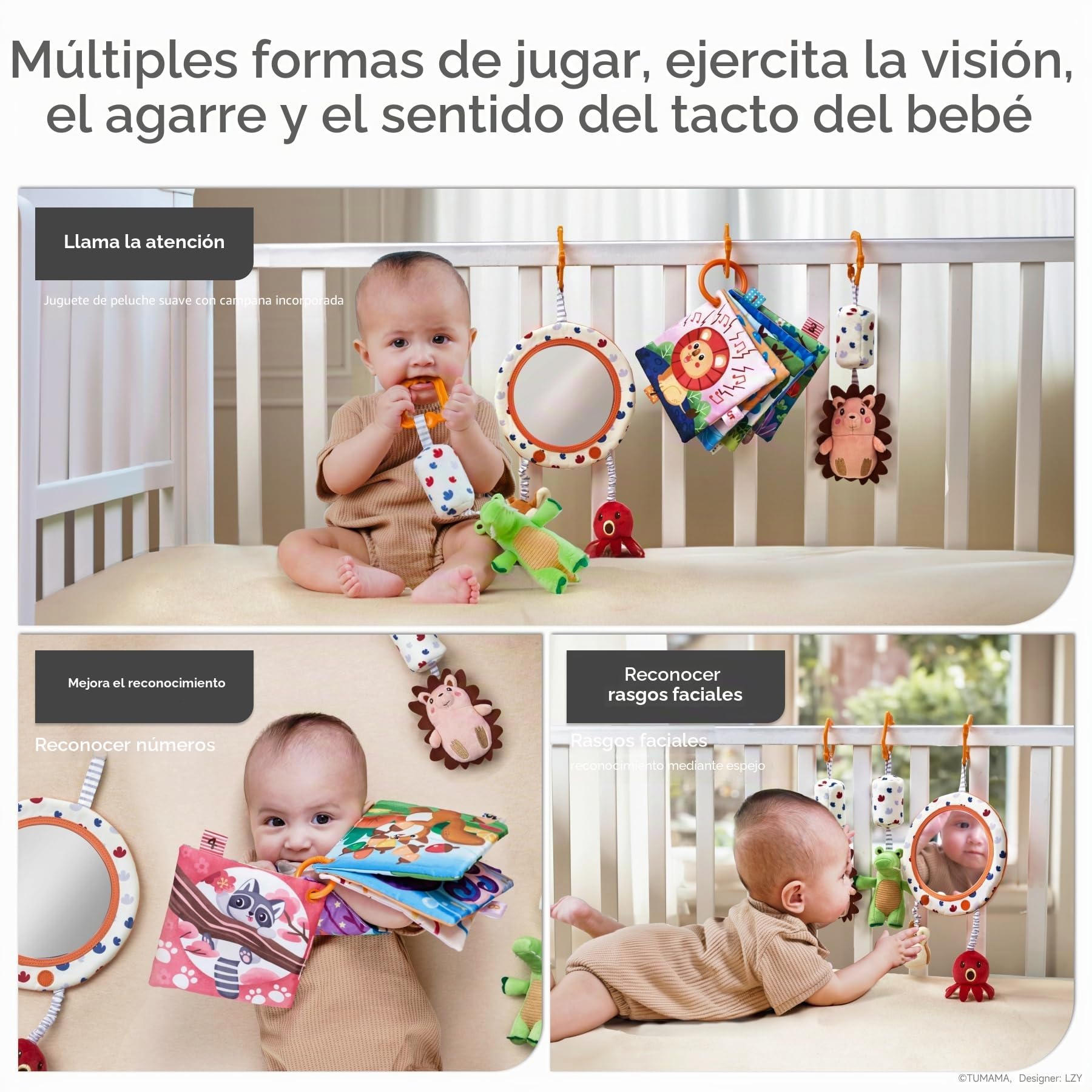TUMAMA KIDS Juguetes Bebé con Sonajero, Espejo y Libro Blando, Juguetes Montessori Sensoriales Bebe, Regalo Bebe Recien Nacido Niño Niña 0 3 6 9 12 Meses