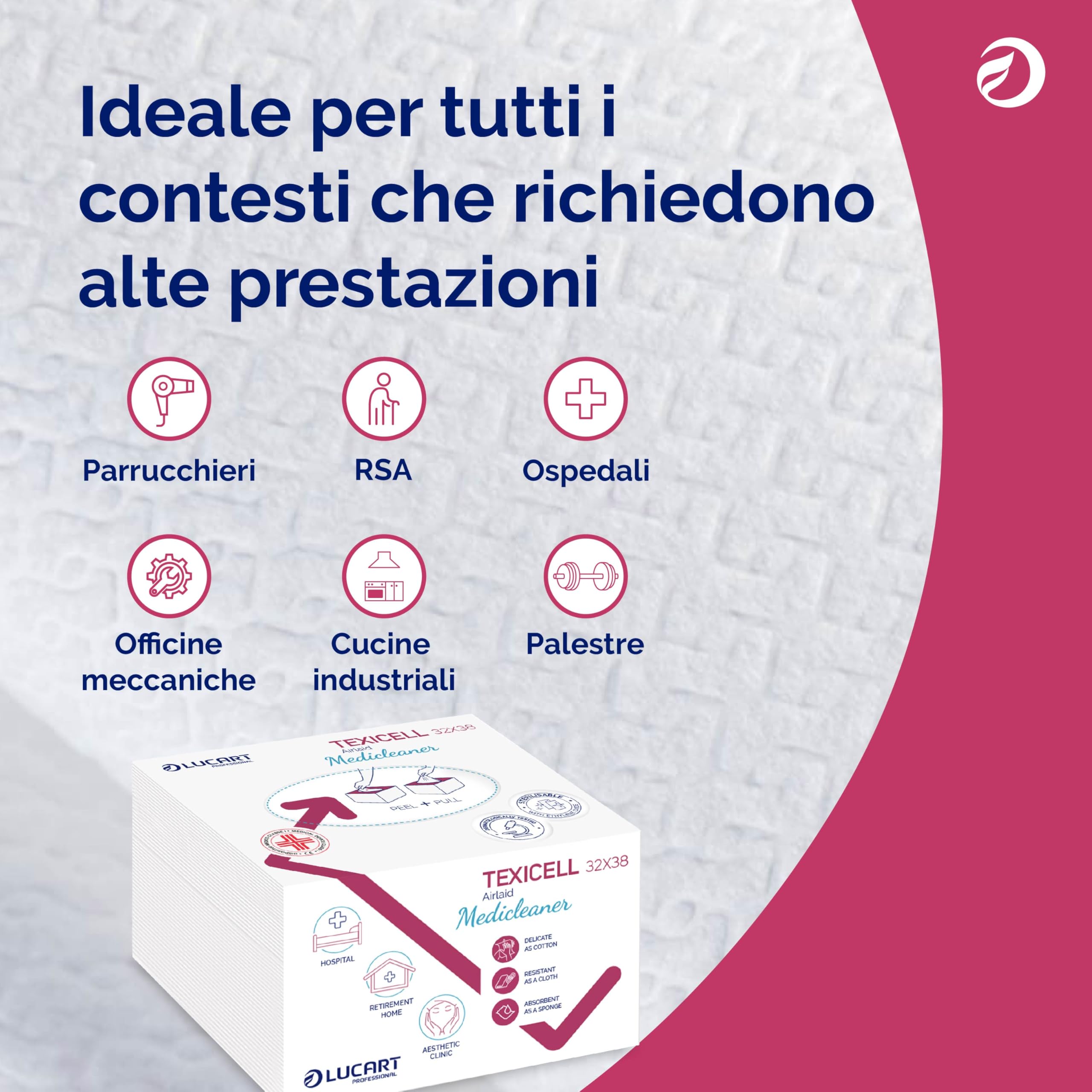 Lucart Professional, Texicell Medicleaner 32x38, Panni Multiuso Piegati in Airlaid, 50 g/mq, Ideali per Settore Medico, 60 pezzi 32x38 cm, 20 confezioni