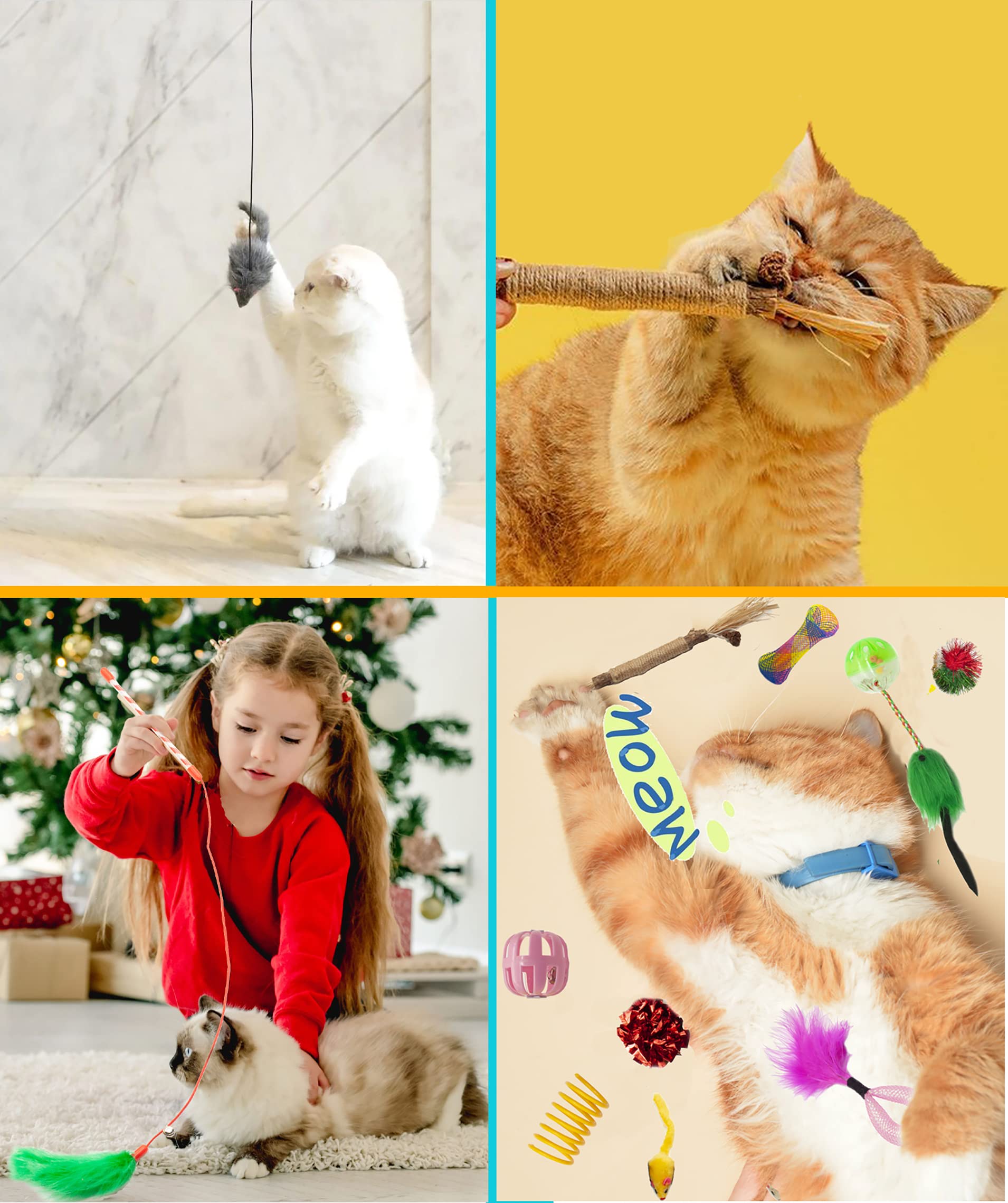 Fashion's Talk Juguetes para gatos, 50 piezas para gatos de interior, ratones interactivos para colgar en la puerta, juguete de plumas para gatos, juguete de resorte, varita para gatos, bolas
