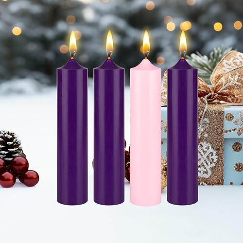 Miniatura 5 de Mega Candles Juego de 4 velas de Adviento de Navidad sin perfume, vertidas a mano de cera de alta calidad, velas de pilar redondas de 2 x 9