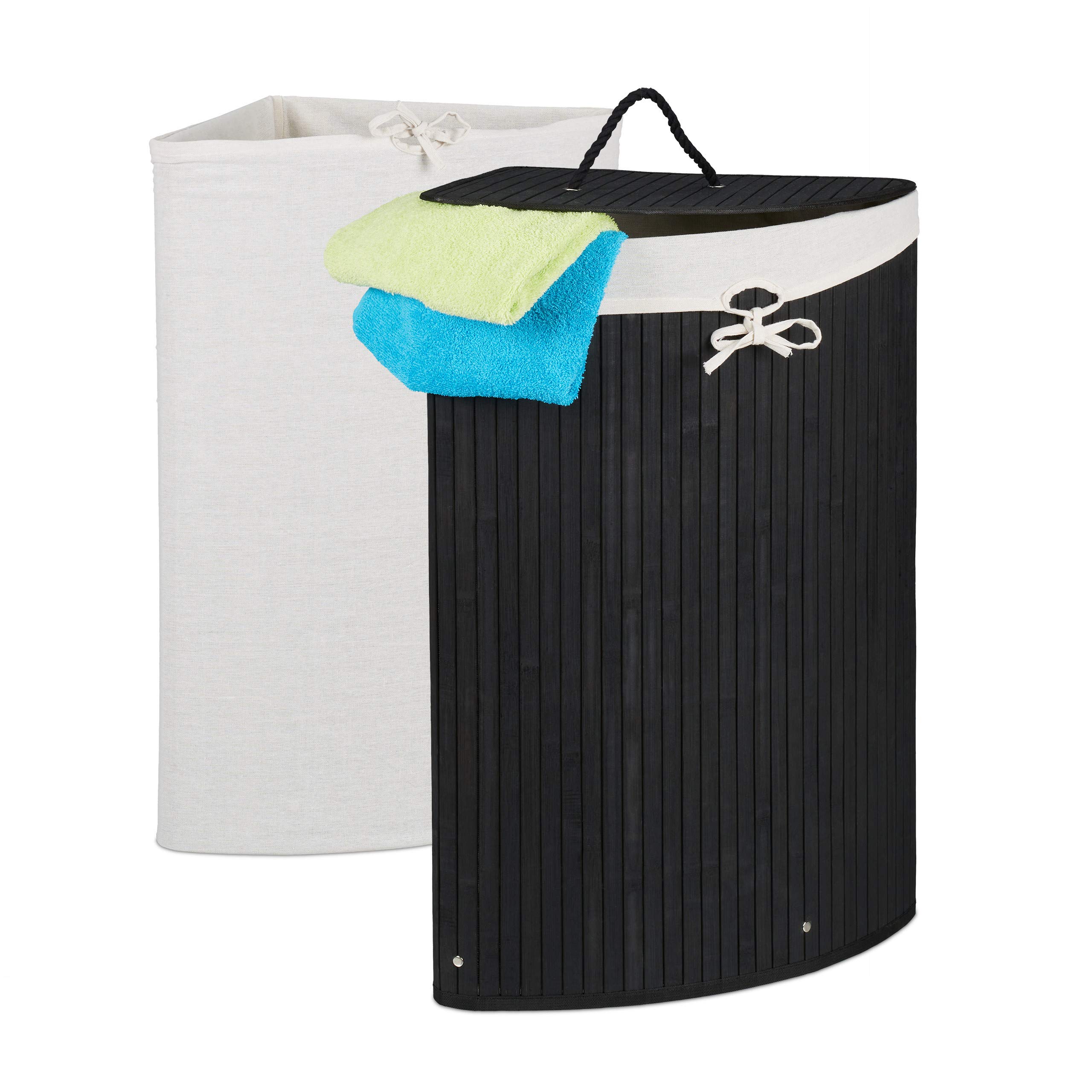 Relaxdays Corner Laundry Basket Bamboo Foldable Laundry Hamper with Lid 60 Litres 2 Laundry Bags 66 x 49.5 x 37 cm Black 1 Piece