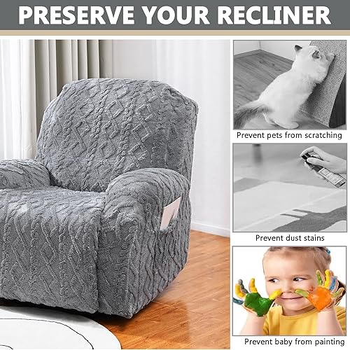 Miniatura 4 de OQHAIR Funda de terciopelo para sillón reclinable grande, 4 piezas, elástica, suave, con bolsillos, protector de muebles, color beige, 1 plaza