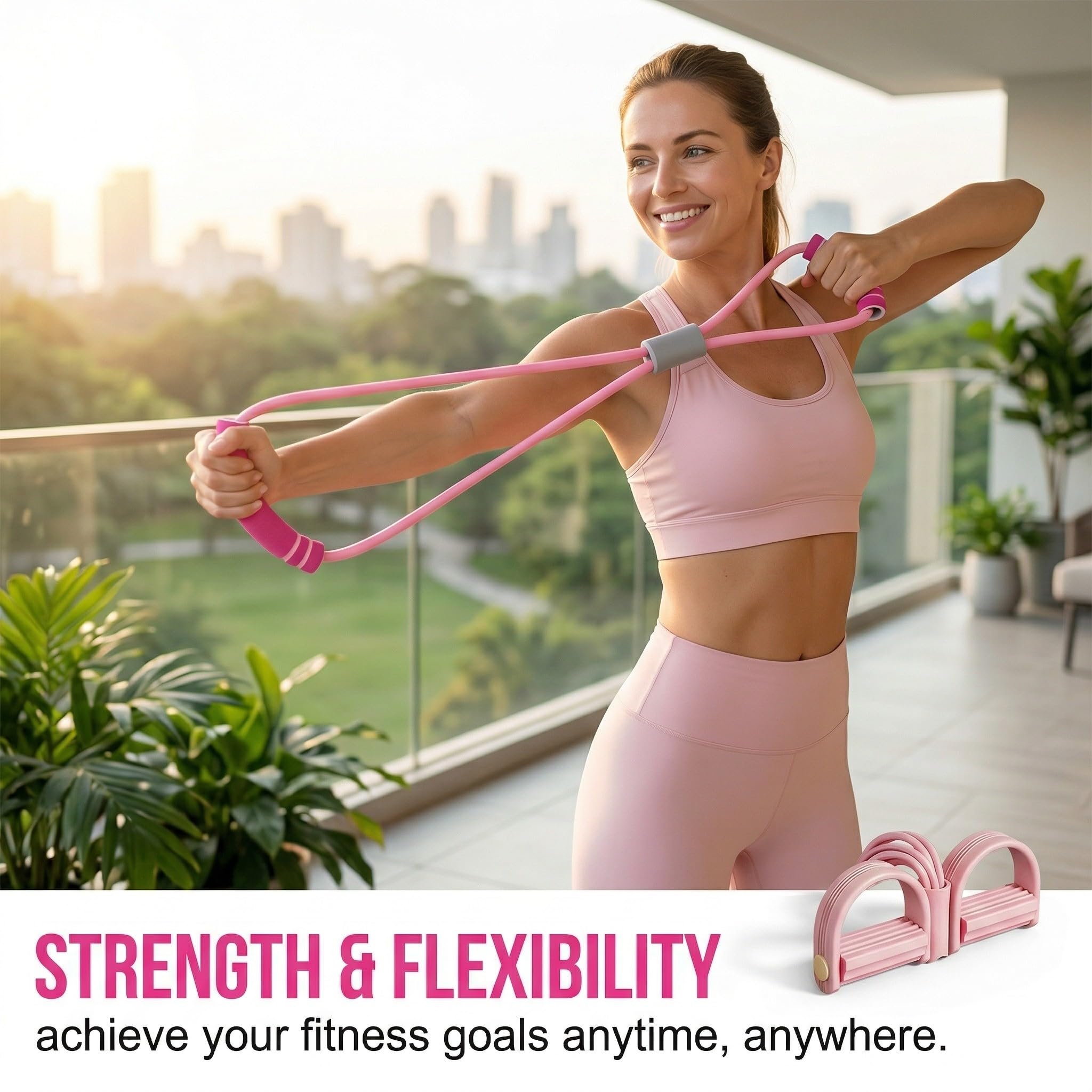 elastici fitness, Fitness Corda Eelastica per Pedali con Figura 8 Estrattori e Fasce Fitness, Corda Elastica in Gomma a 6 Tubi, Fasce per Esercizi Fitness Sicure Non Tossiche（Rosa）
