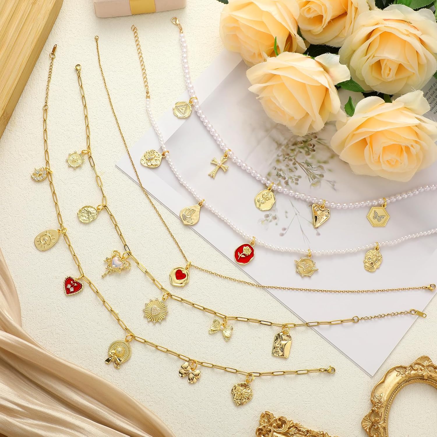 Landical 56 Pcs Gold Vintage Charm Necklace Making Kit for DIY 5 Pcs 4 Styles Women Jewelry Chains 25 Pcs Charms Pendants 25 Pcs Open Jump Ring and Plier for Choker Bracelet Ring Craft Gift - Image 4