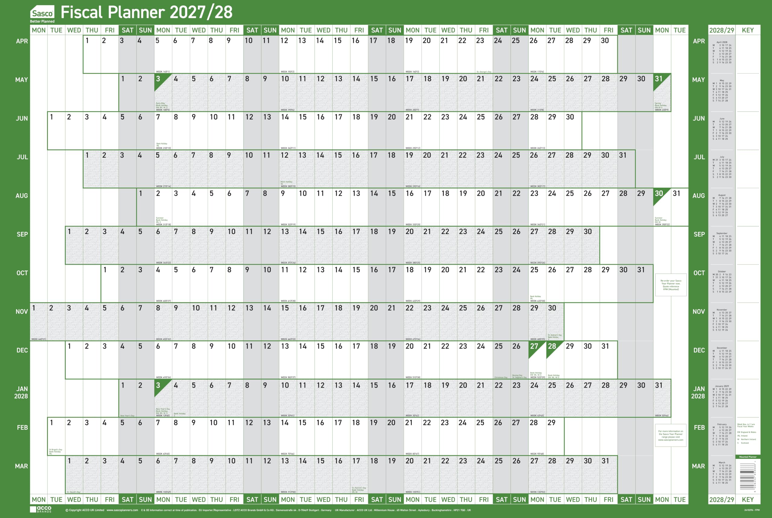 Sasco 2027/28 Fiscal Year Wall Planner with wet wipe pen & pack of 378 stickers, Green, Board Mounted, 915mmW x 610mmH