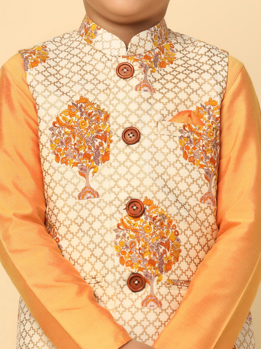 KISAH Boy's Cotton Blend Regular Fit Printed Off White Nehru Jacket|3-4 Years 2