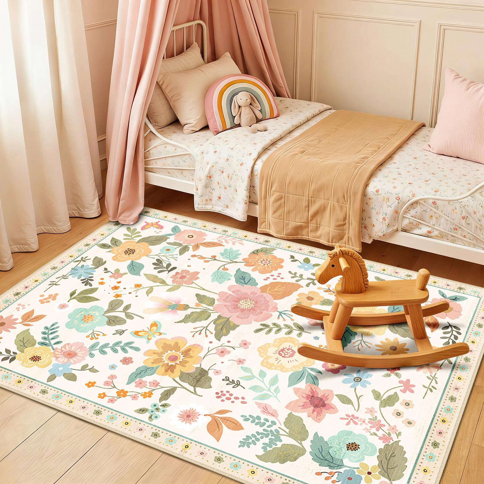 DEFYNEE Waschbarer Teppich Wohnzimmer, Boho Vintage Blumenmuster Teppich, Rutschfester Kurzflor Carpet für Wohnzimmer, Schlafzimmer, Esszimmer