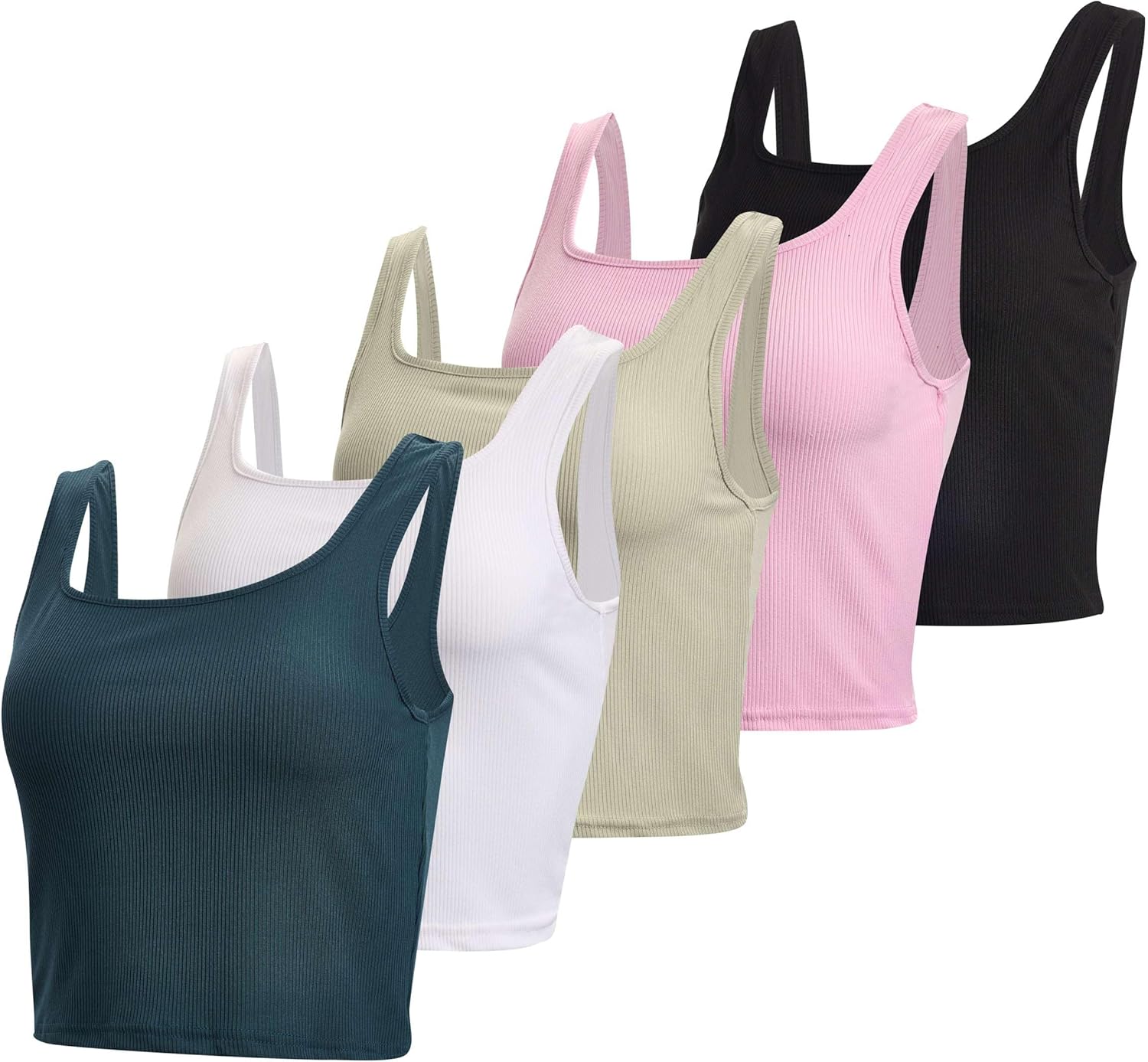 Real Essentials 5 Pack: Women’s Square Neck Ribbed Crop Tank Tops – Racerback Workout, Gym & Casual Shirts