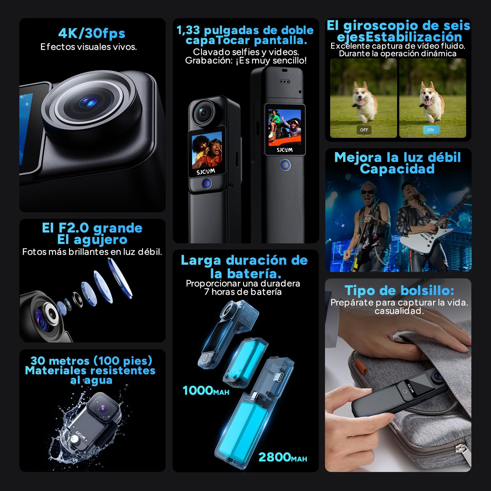 SJCAM C300 Caméra Vlog 4K avec Étui de Rangement, Autonomie 460 Min, Double Écran Tactile, Stabilisation Gyro 6-Axes, Caméra Sport Étanche avec Kit d'accessoires, Idéale pour Voyage et Vlog, Noir 64G