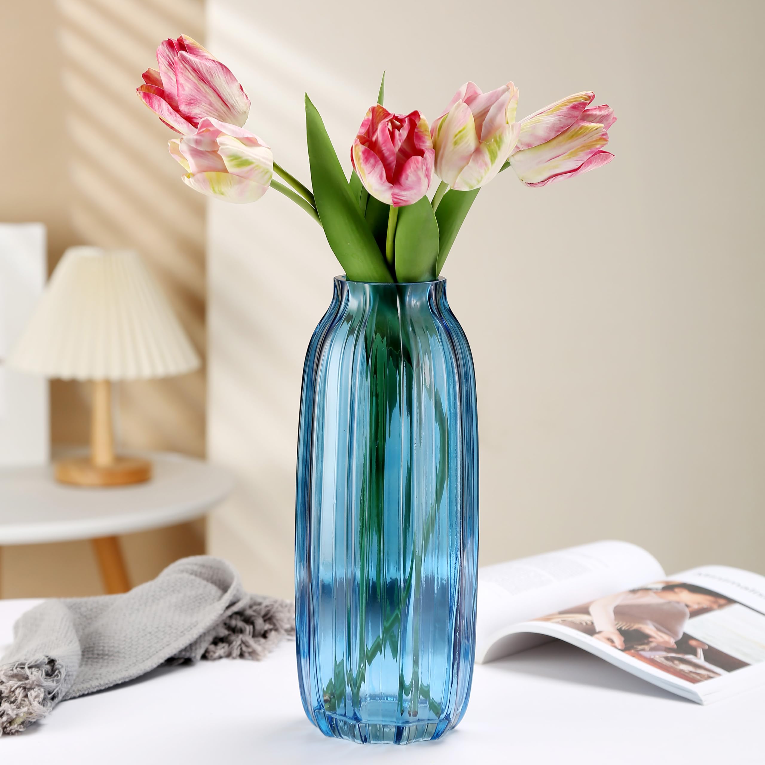 JAKY Global - Elegante jarrón de cristal azul de 32 cm de alto, centro de mesa grande y alto para decoración del hogar u oficina, impresionante jarrón de cristal para flores, perfecto para casa de