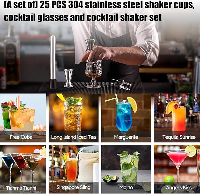 Set de 25 Piezas de Bar Acero Inoxidable con Coctelera y Recetario miniatura 9