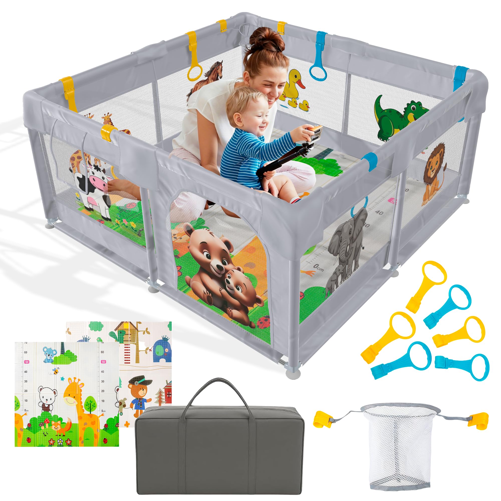 PARVULI Box per Bambini Pieghevole 120x120 cm Recinto per Bambini in Ferro Struttura Stabile, Box Neonato con Tappeto Morbido Imbottito e Rete Traspirante - Animali