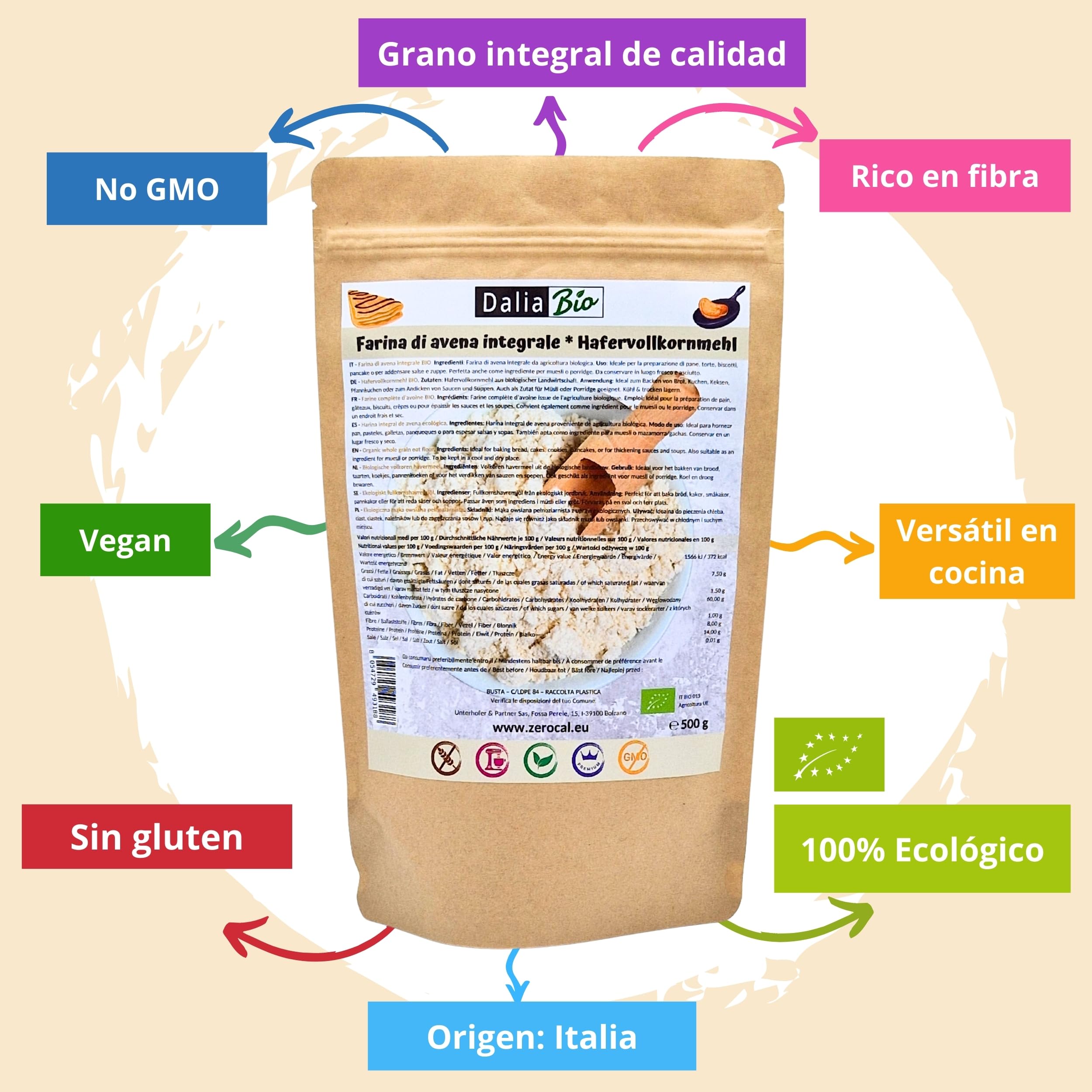 Dalia - Harina Integral de Avena Bio 500g | Sin Gluten | Rica en Fibra y Proteína | Origen Italia | Ideal para Pan, Repostería, Porridge y Recetas Fitness