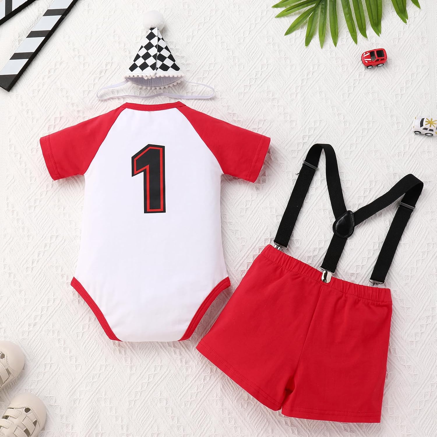 AWIBMK Race Car 1st Birthday Boy Cake Smash Outfit Driver Racer Theme Romper Suspender Shorts Hat Photo Shoot Outfits - Image 3