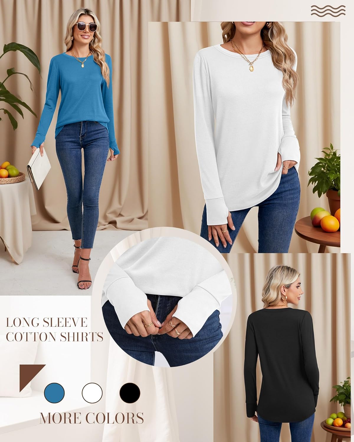 Huukeay 3 Pack Women's Long Sleeve Shirts with Thumb Holes, Cotton Casual Crew Neck Tunic Tops Fall Loose Y2k Trendy Outfits - Image 6