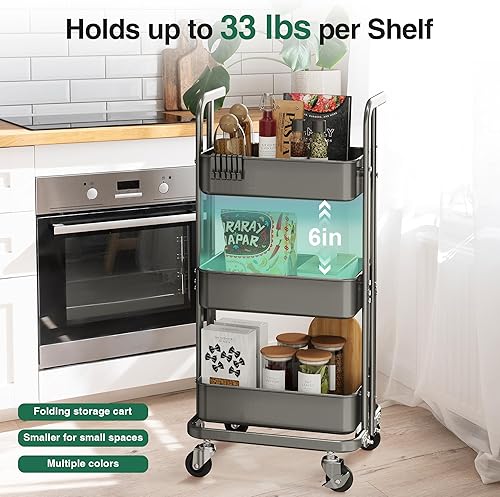 Miniatura 3 de Merapi Mini carrito plegable de 3 niveles, carrito utilitario de metal con ruedas, 3 tazas colgantes y 6 ganchos, carrito plegable para sala de