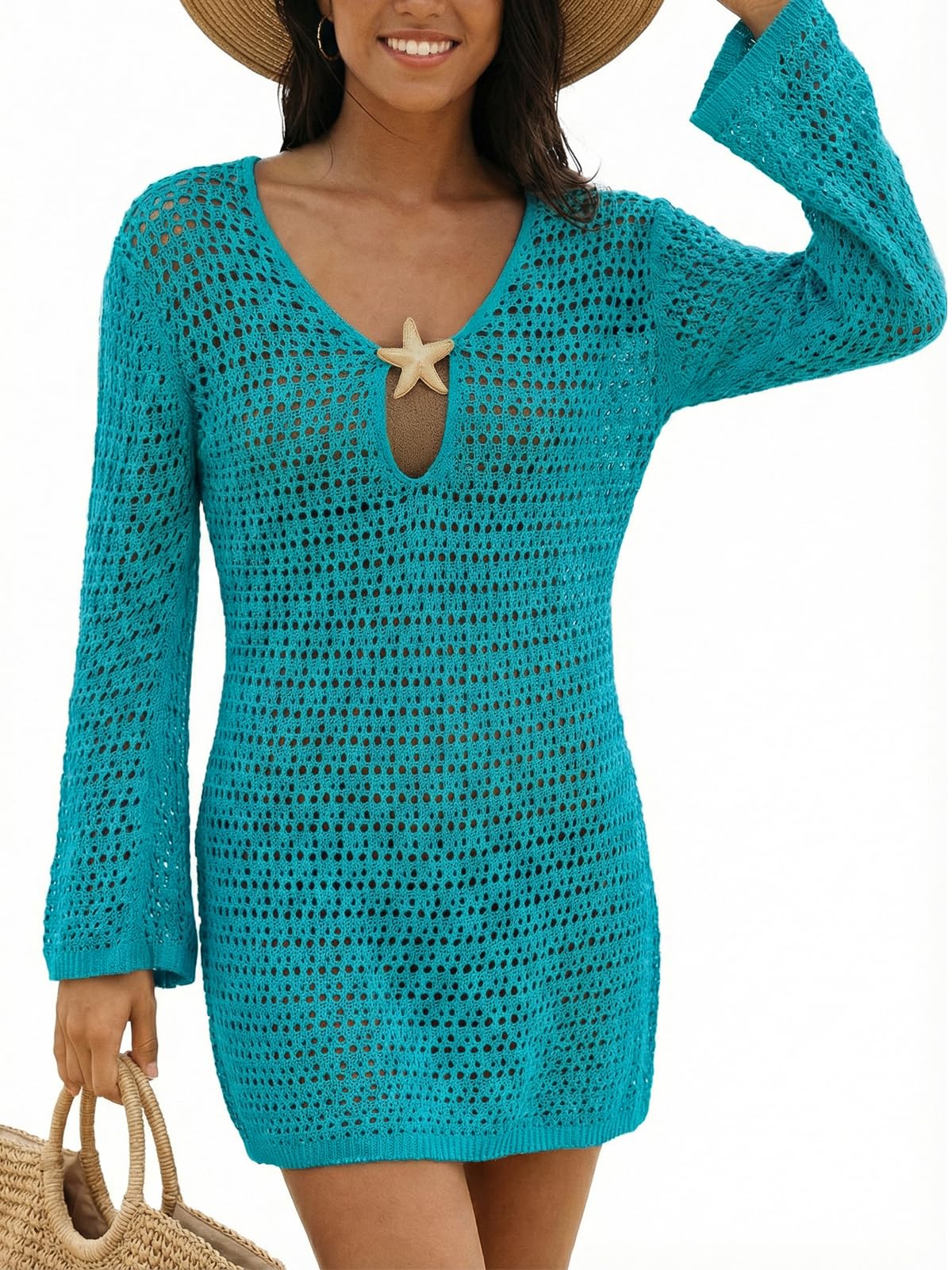 CUPSHE Women Crochet Swimsuit Cover Ups Long Sleeve Summer Beach Coverup Dress for Swimwear