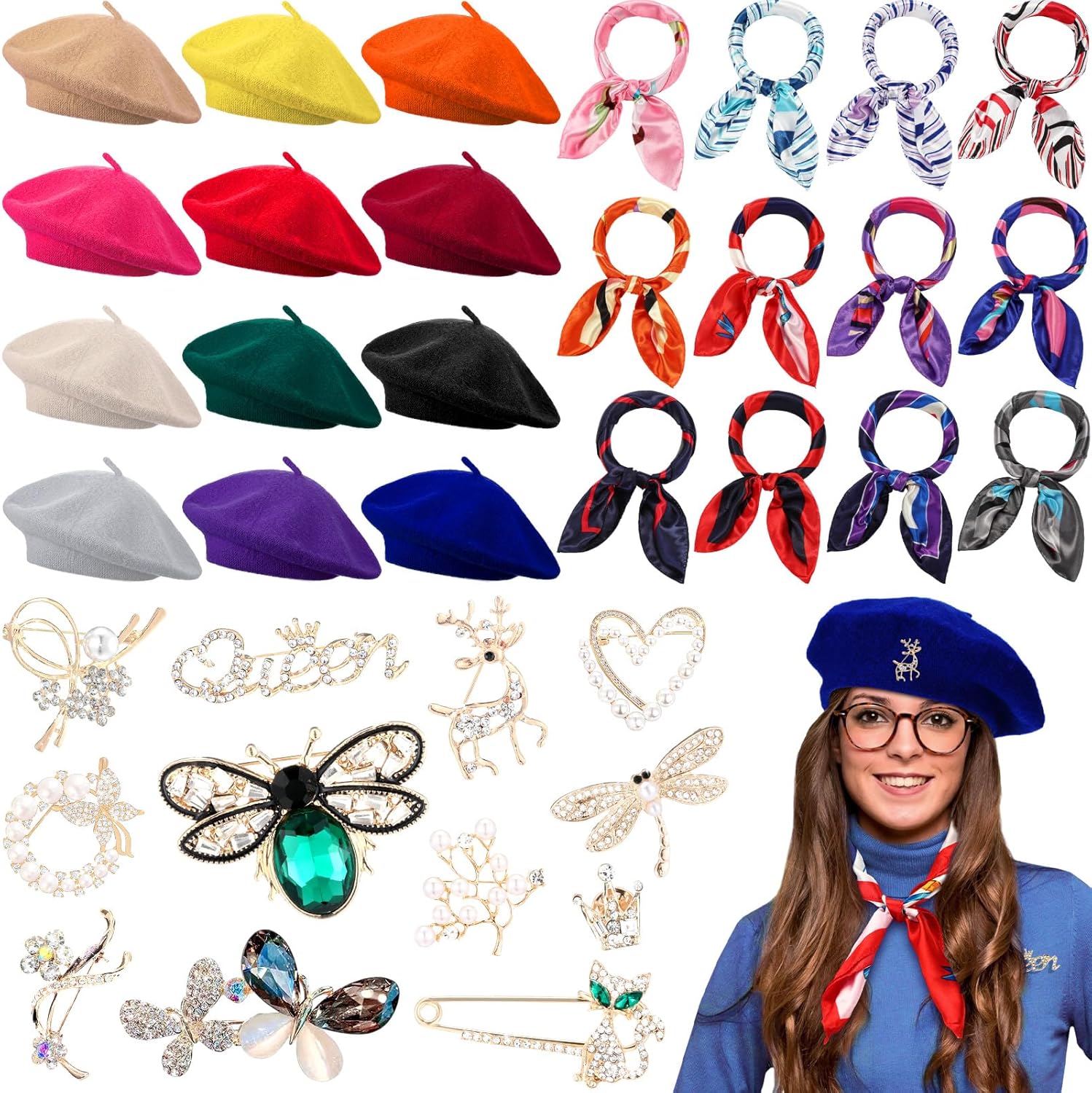 36 Pcs Wool Beret Hats Solid Color French Beanie Hat with Silk Scarf Brooch for Women Lady Winter Costume Multicolor