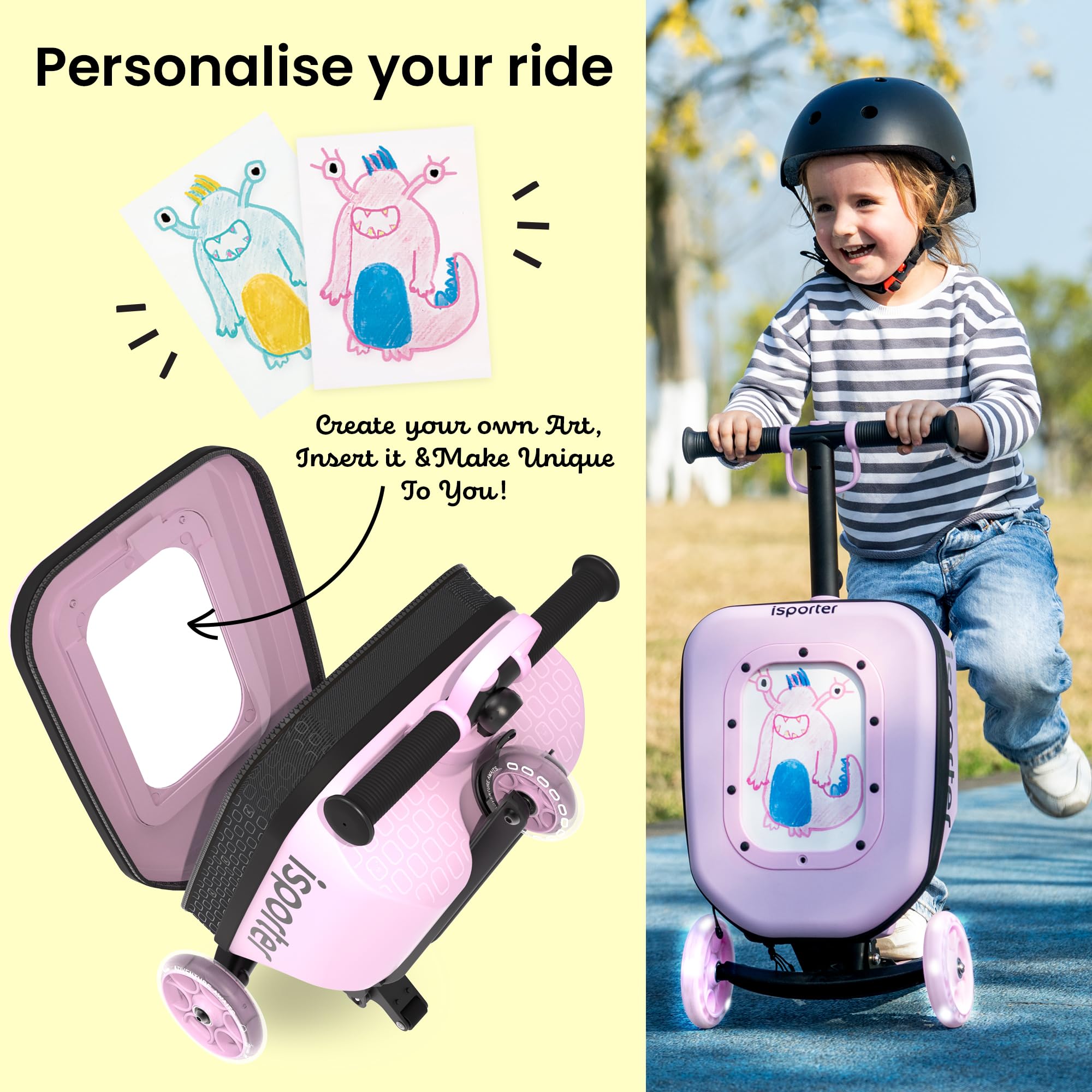 iSporter Luggage Scooters for Kids 2-5 or 3-5 | Toddler Scooter with Suitcase for Boys and Girls 2 Year Old and Up | Foldable and Height Adjustable, 110lbs Max