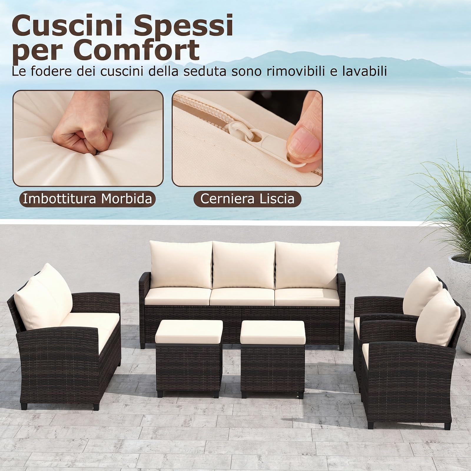 COSTWAY Set Salotto da Giardino per 7 Persone, Set da Esterno in Rattan con Divano a 3 Posti, Divano a 2 Posti, 2 Poltrone e 2 Poggiapiedi con Cuscini Morbidi per Terrazza e Balcone (Beige)