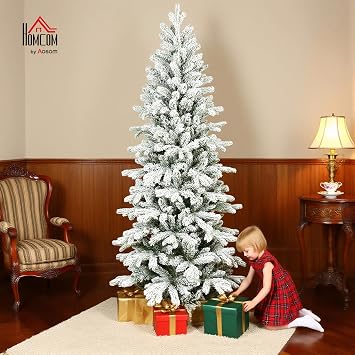 HOMCOM 6ft Flocked Christmas Tree Hinged Pencil Christmas Tree Green White