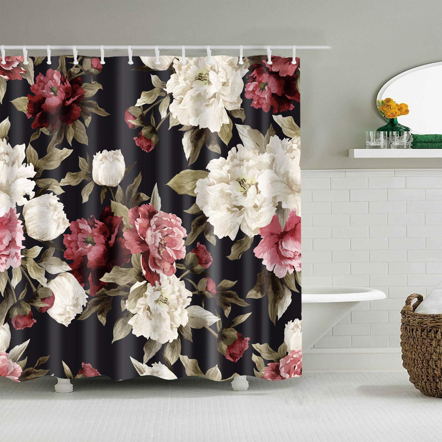StoneMaxi 180x180cm Flower Shower Curtain for Bathroom, 100% Polyester Fabric Waterproof Anti-Mould Proof Resistant, Quick-Drying, Washable with 12 Pcs Hooks (71 x 71 Inch) (Flower-15)