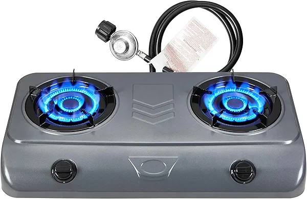 Dr.Camp 35000 BTU 2 Burner Propane Gas Stove Cooktop Outdoor Camping Stove Portable Double Burner for BBQ Boiling Frying Cooking Estufa de Gas Portátil Fogón de Gas