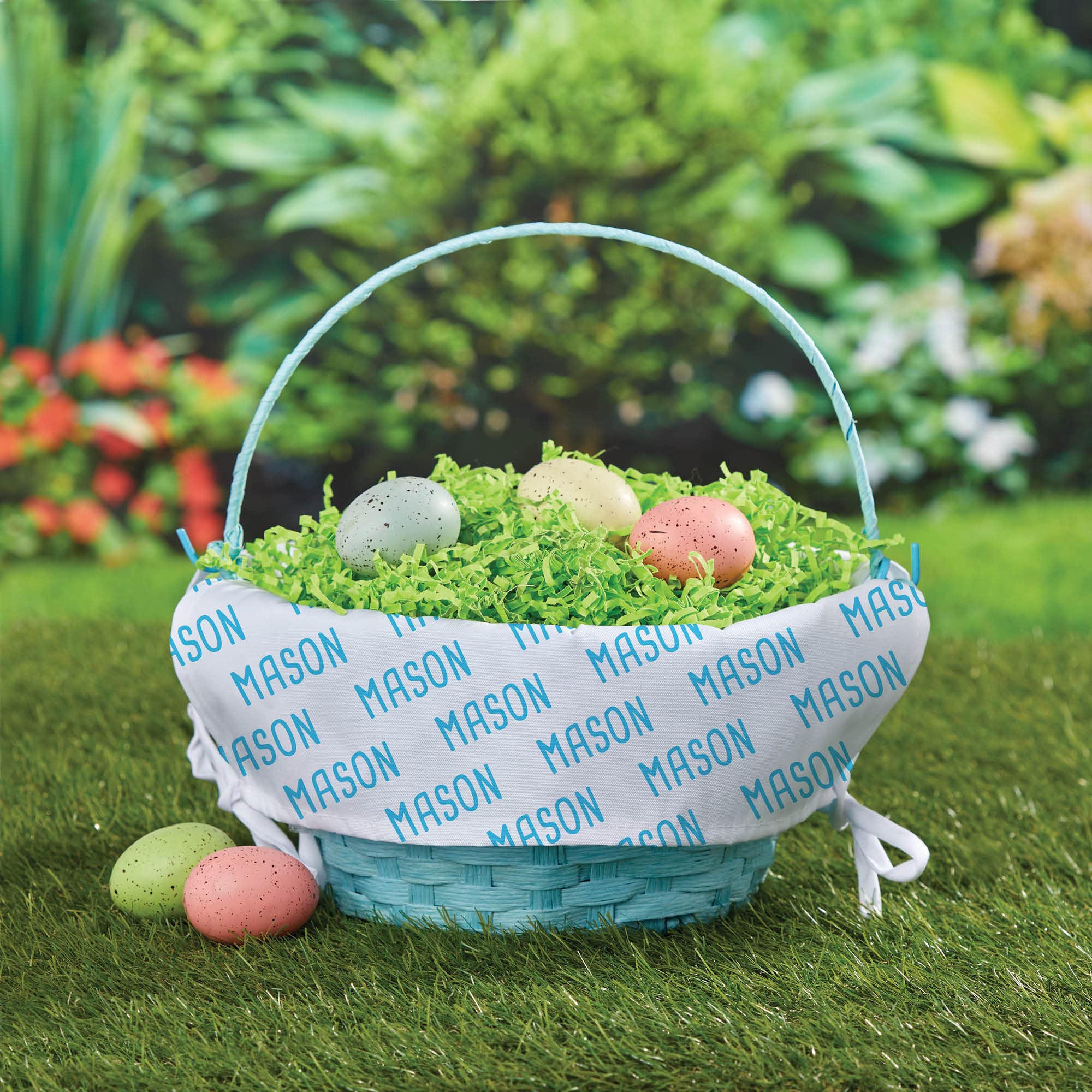 My Name Pattern Personalized Easter Egg Basket with Handle and Custom Name | White Easter Basket Liners | Blue Basket | Woven Easter Baskets for Kids | Customized Easter Basket
