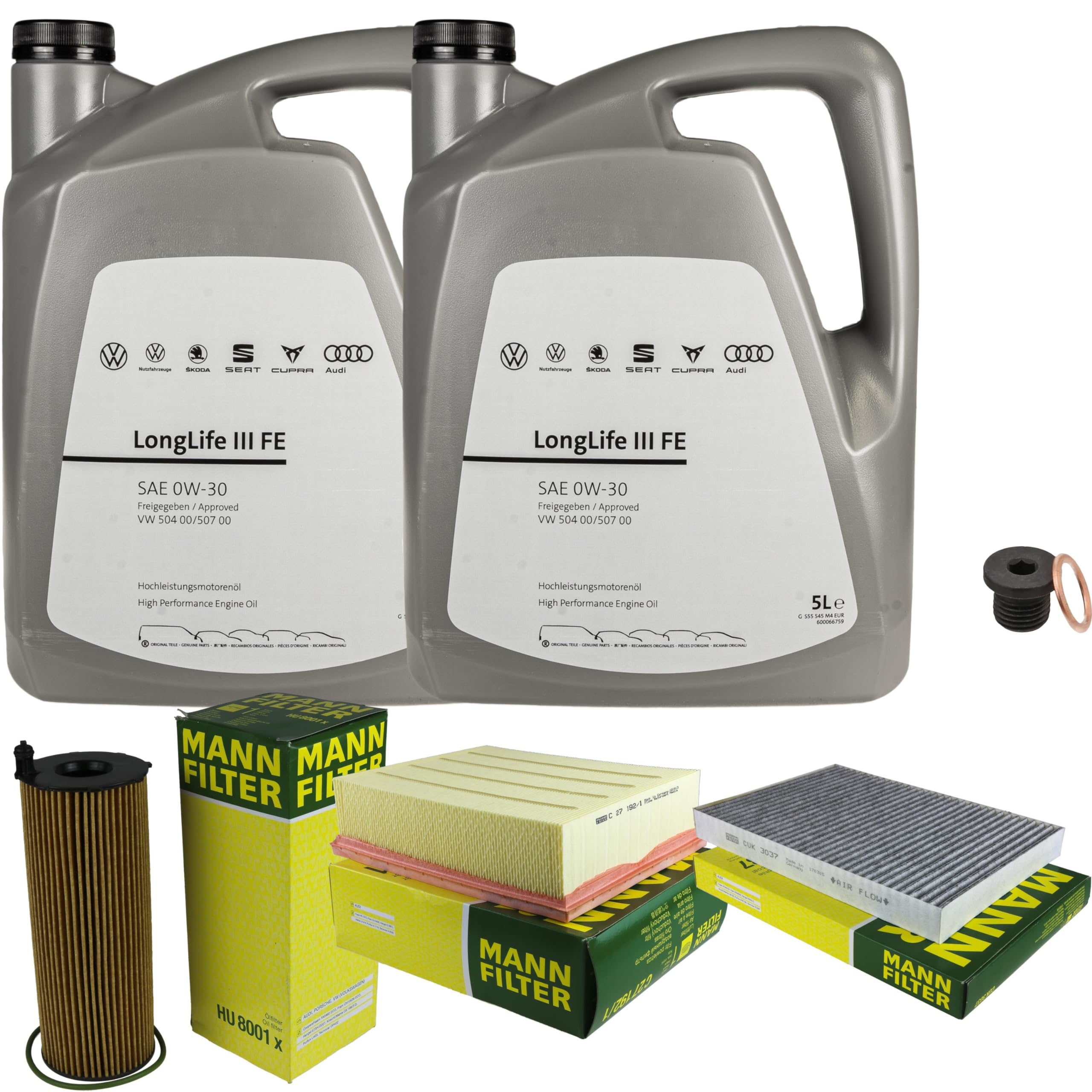 Pacchetto di ispezione pacchetto di manutenzione filtro con 10 l 0W-30 olio motore LongLife 3 FE, filtro dell'olio, filtro dell'aria abitacolo (carbone attivo) vite di scarico dell'olio