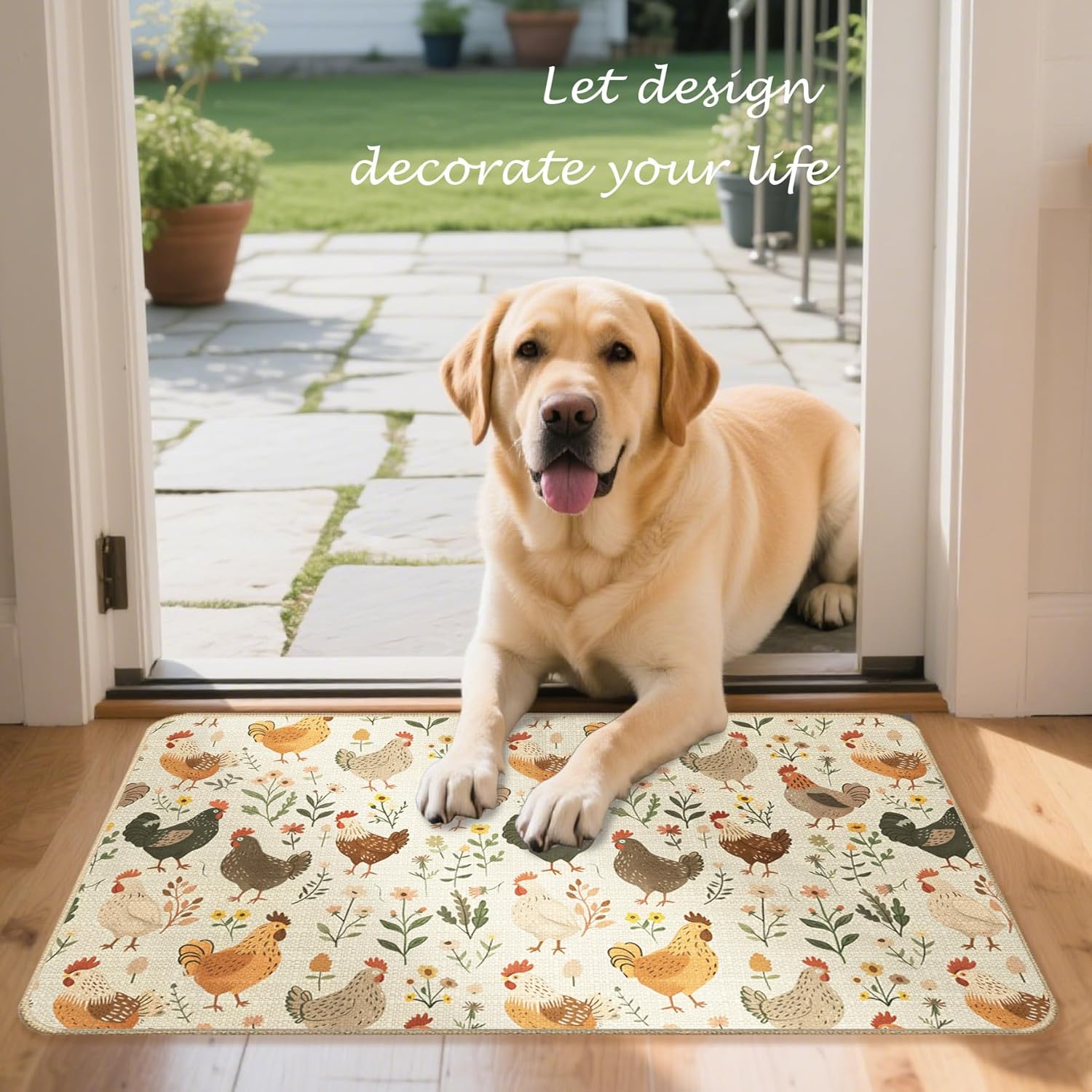 Floral Chicken Faux Linen Door Mat, Rustic Chicken Botanical Doormat Outdoor Indoor Entrance Porch, Farmhouse Rooster Hen Flower Welcome Mats for Front Door, 17x30 Inch