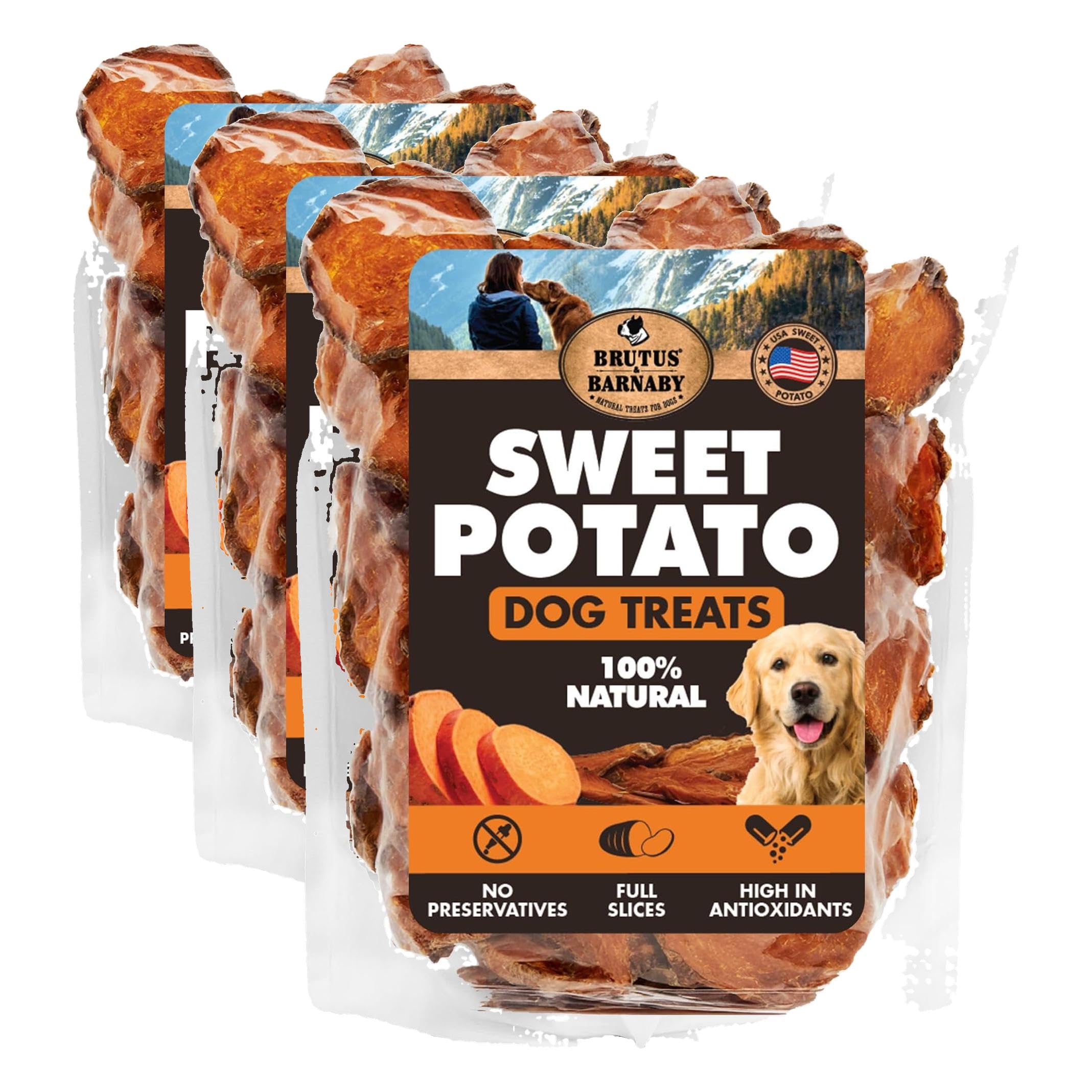 BRUTUS &amp; BARNABY Dried Sweet Potato Dog Treats, Full Slices, 14 oz, 3 Pack