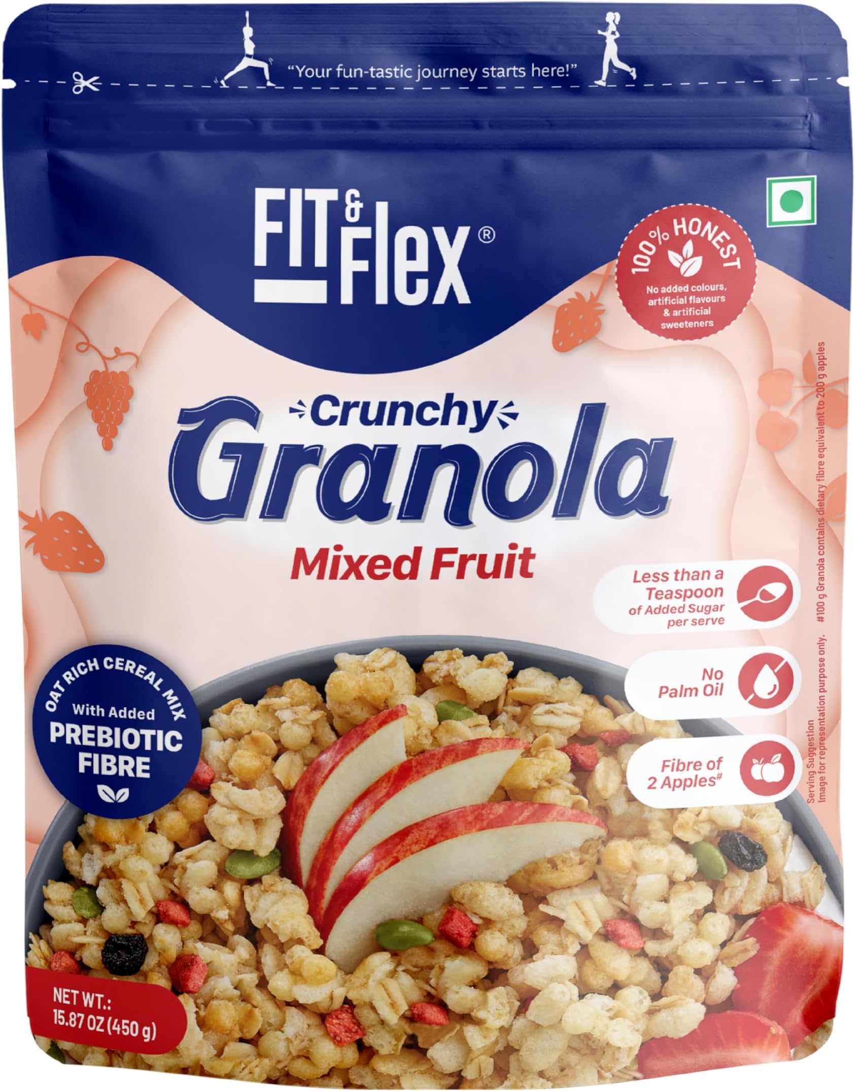 FIT & FLEX Baked Crunchy Granola Mixed Fruit Oat Rich Cereal With High Protein&Fibre Ready To Eat Granola For Breakfast Real Freeze Dried Fruits Snacks As Seen On Shark Tank India 450 Gm