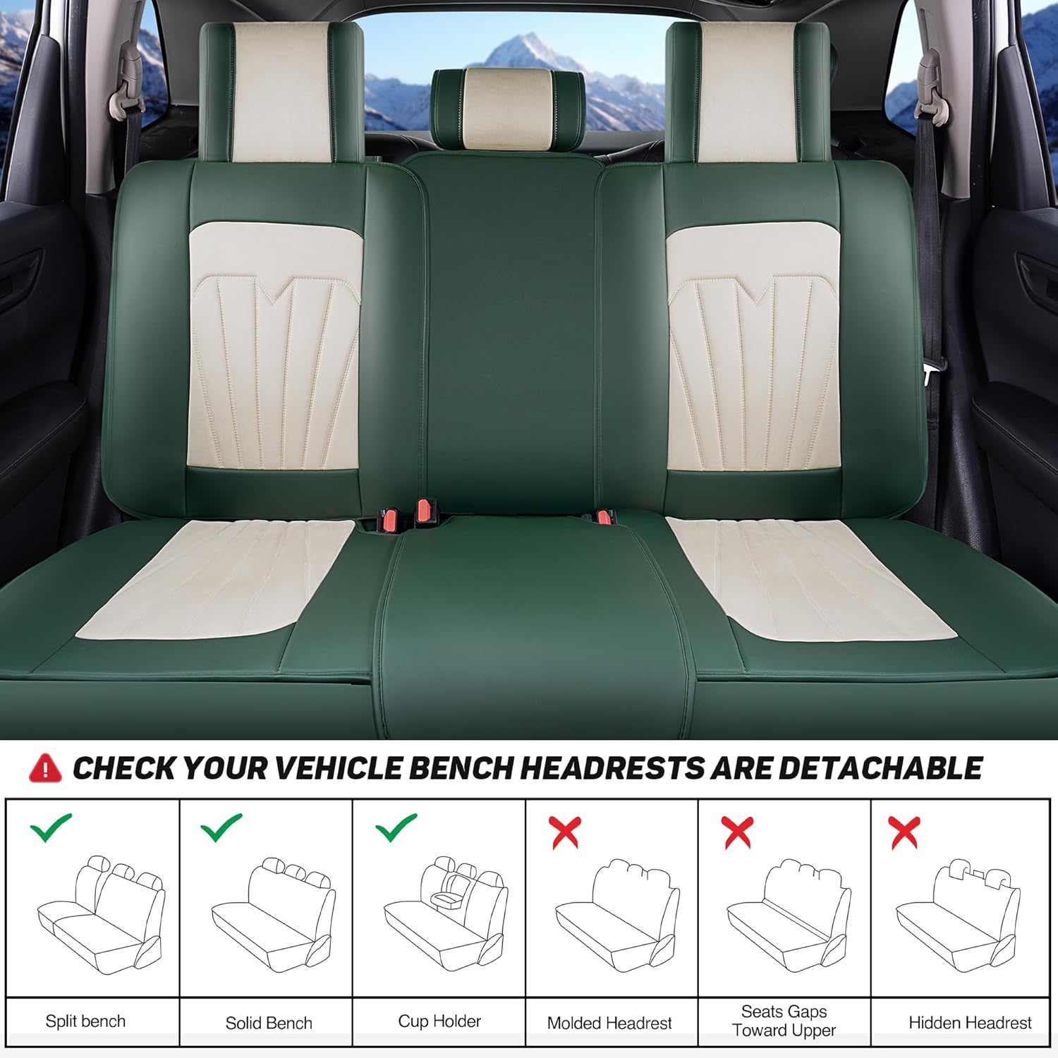 CAROMOP Universal Car Seat Covers Full Set, Plush Velvet & PU Leather with 3D Foam Back Support, Armrest Compatible for Cars, Trucks, SUVs (Beige/Green)