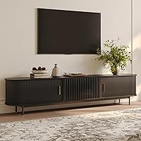 POVISON 95" Mid-Century Modern TV Stand for 75+ Inch TVs - Fully Assembled Sliding Door Entertainment Center, Black Wood Media Console