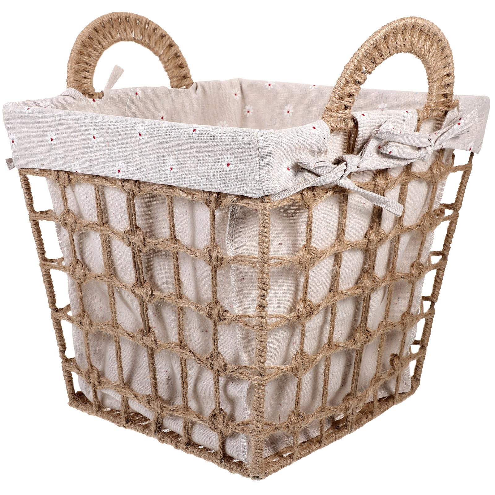 Cesta y Forro de Lino Tejida de Almacenamiento con Asas Hecha de Cuerda de Cáñamo y Fácil Limpieza en Cocina o Sala Adecuado para Organización en Escritorio