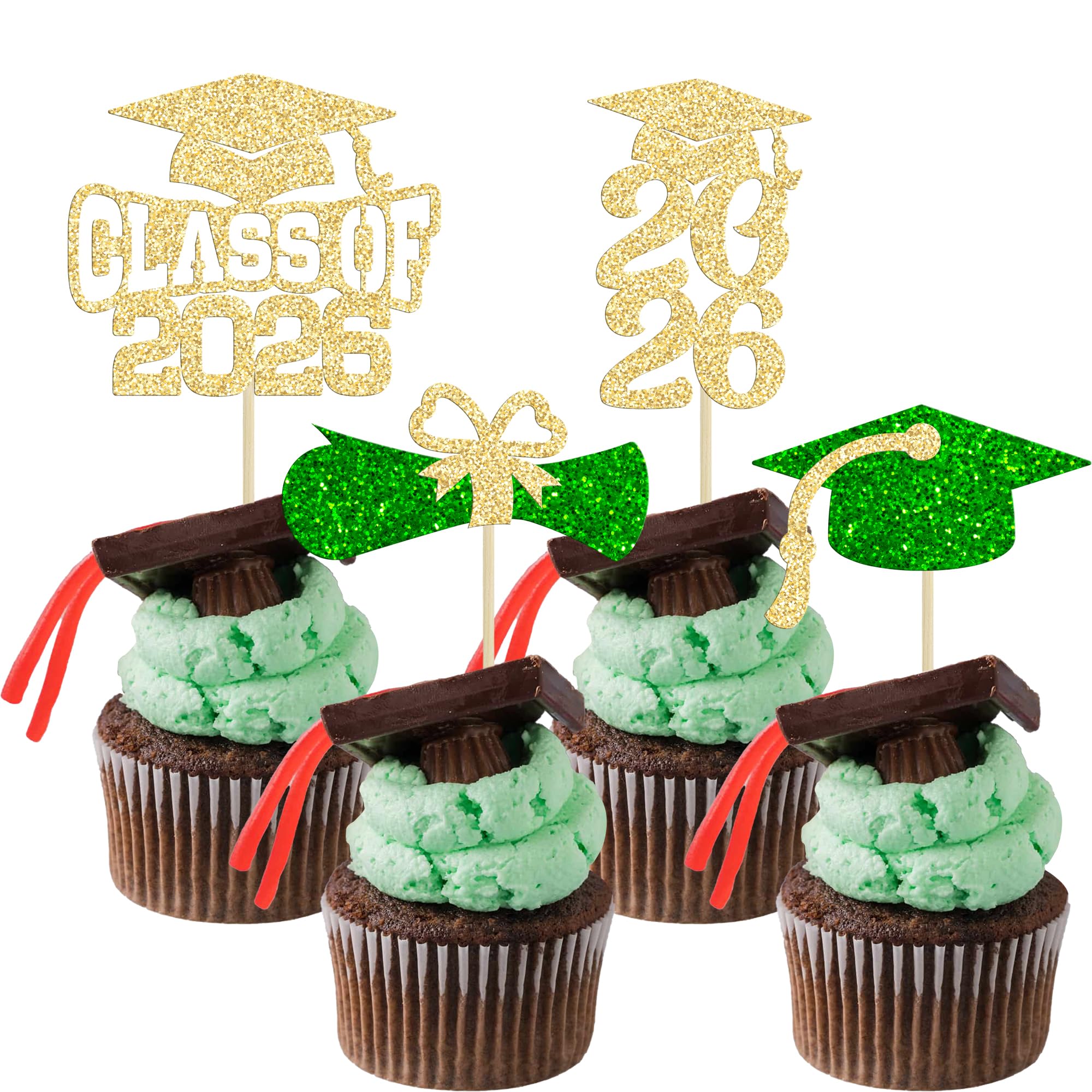 Ephlyn 36Pcs 2026 Graduation Theme Cupcake Toppers Glitter Class of 2026 Cupcake Picks Diploma Grad Cap Cake Decorations for 2026 Graduation Theme Party Supplies Green Gold