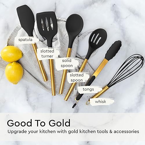 Miniatura 7 de Juego de utensilios de cocina negros y dorados, juego de utensilios de silicona de 6 piezas, incluye pinzas, batidor, cuchara de servir, espátula y