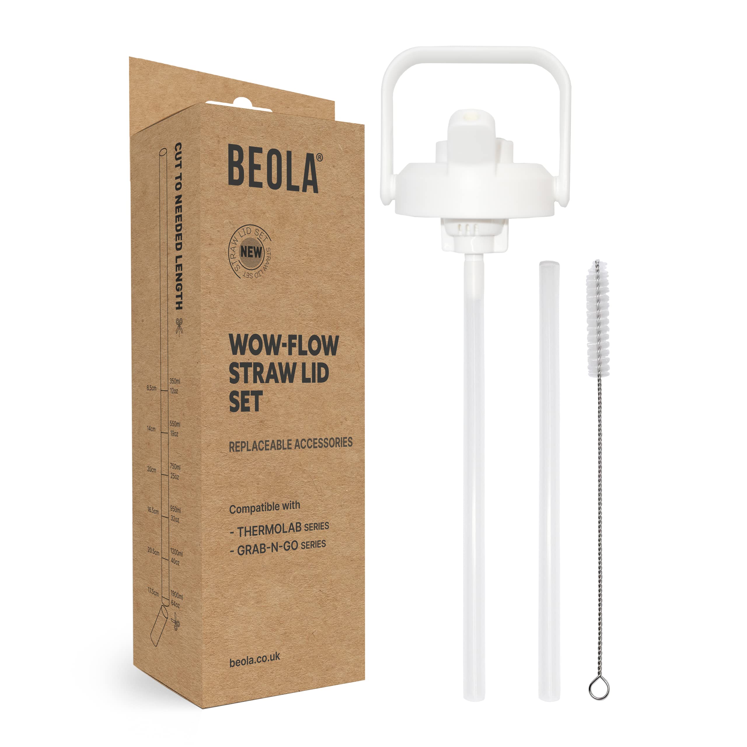 BEOLA Replacement Straw Lid for ThermoLab Insulated Bottles, Grab-n-Go Plastic Bottles, Fit all capacities, BPA free Spare Cap (Sparkling White)